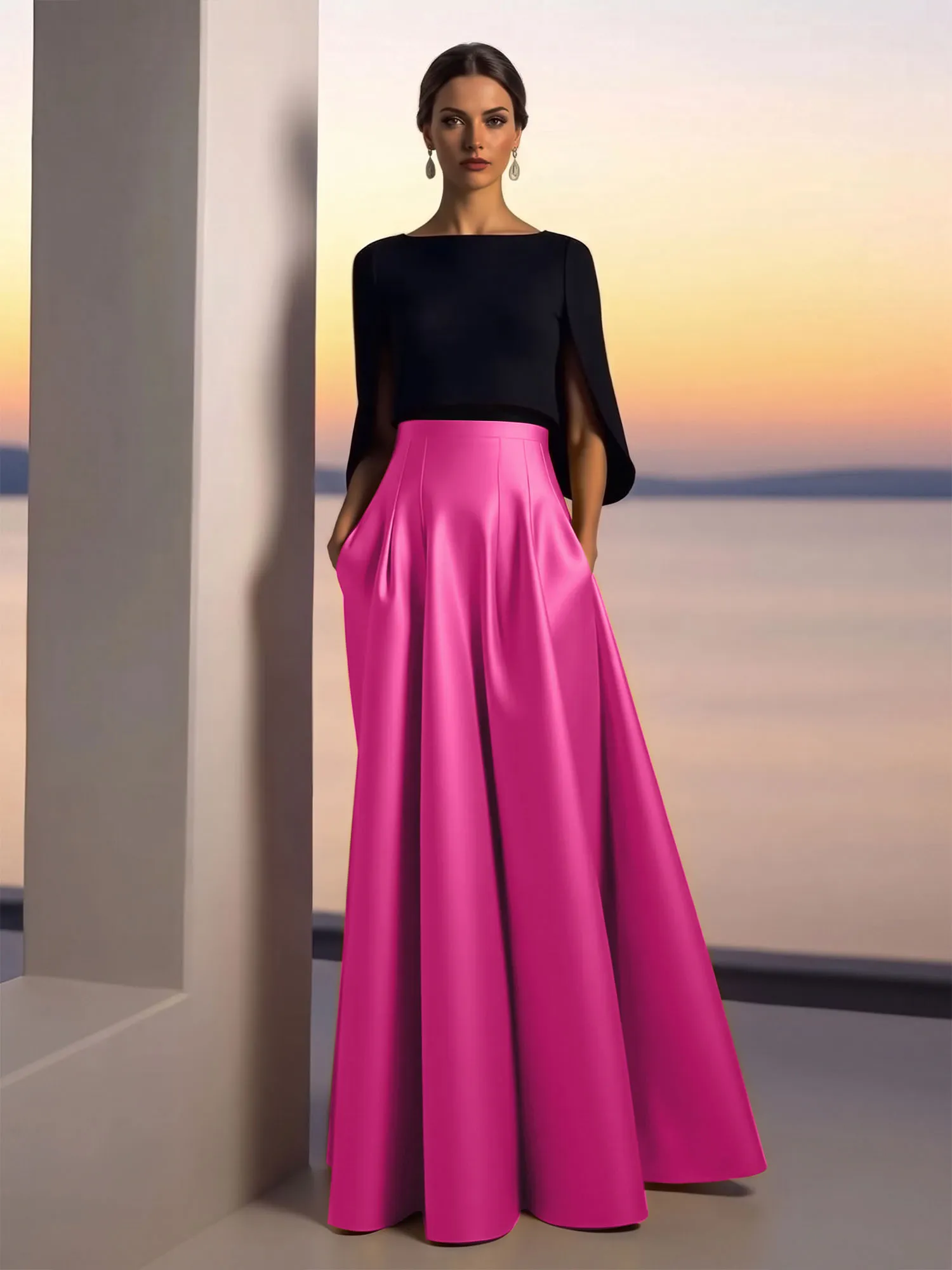 Two-Piece Cape Sleeve Satin Ball Gown Evening Dress