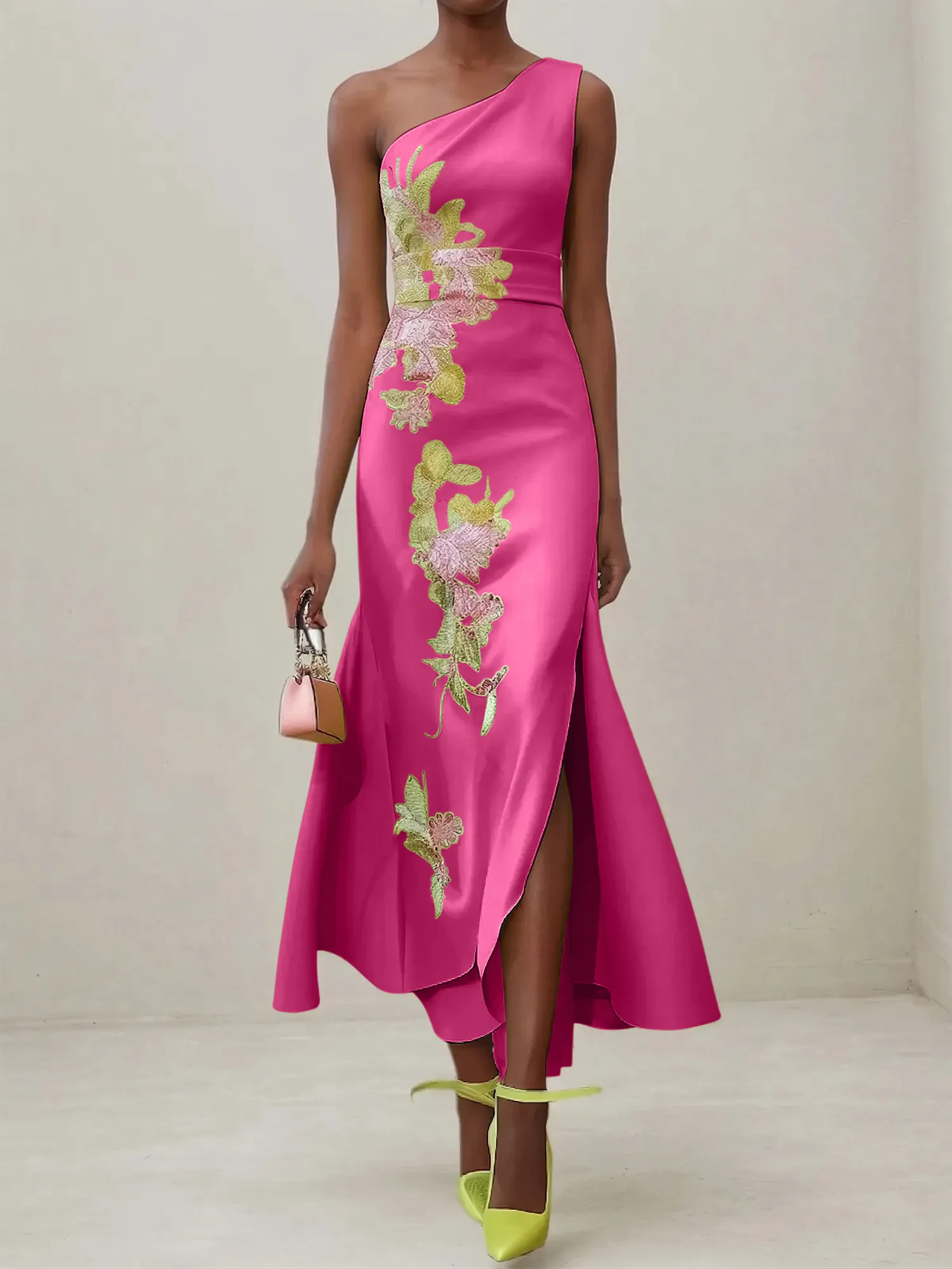 Elegant One Shoulder Cap Sleeve Satin Midi Gown with Floral Embroidery & High Slit