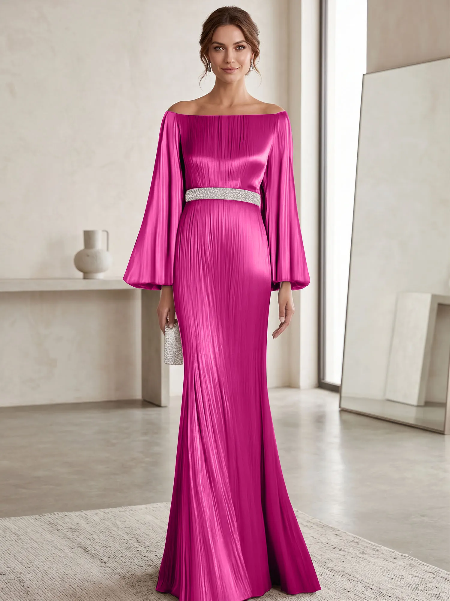 Off-the-Shoulder Pleated Satin Evening Gown with Beaded Waistband