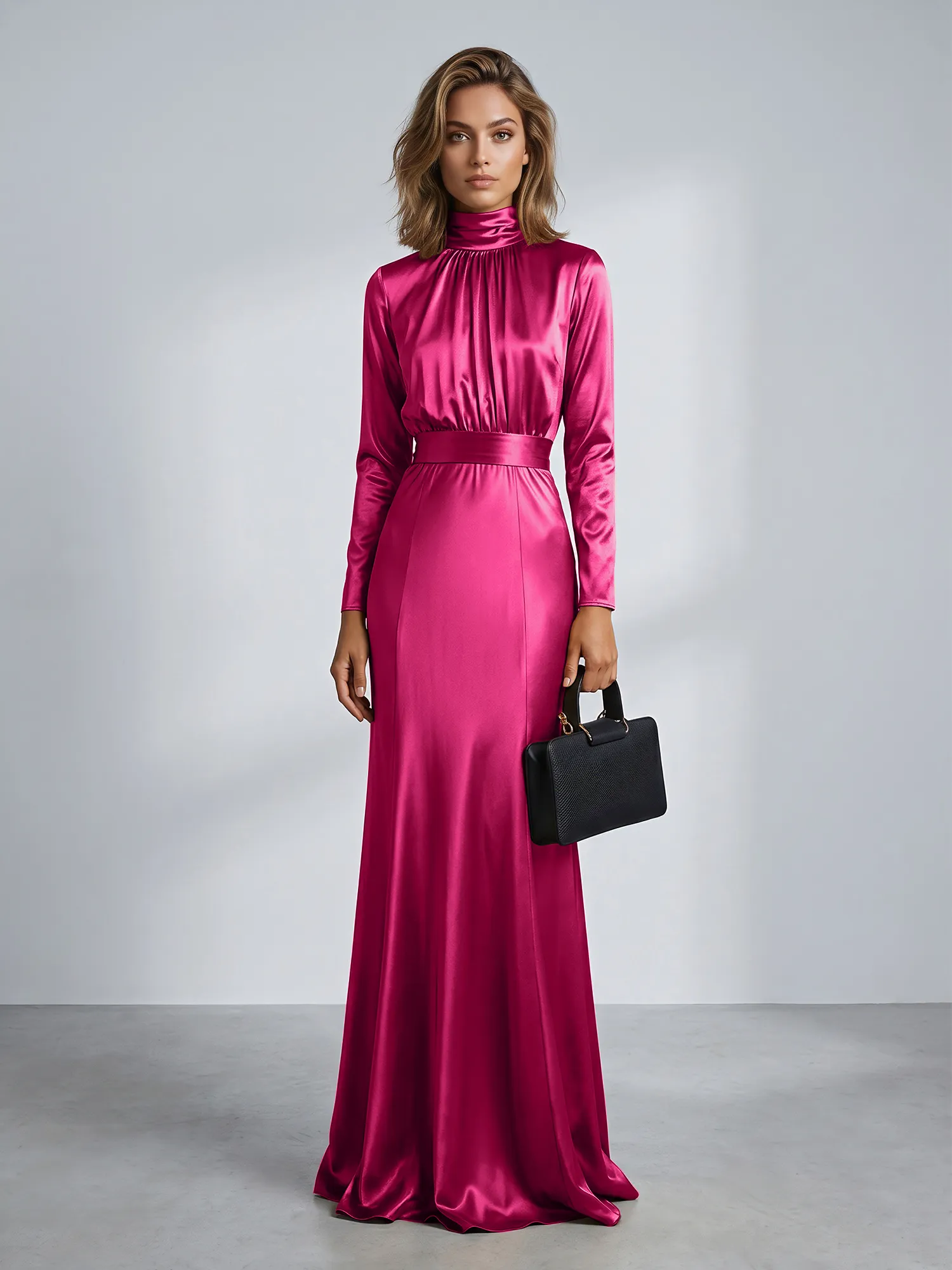 High Neck Long Sleeve Satin Mermaid Evening Gown with Waist Sash