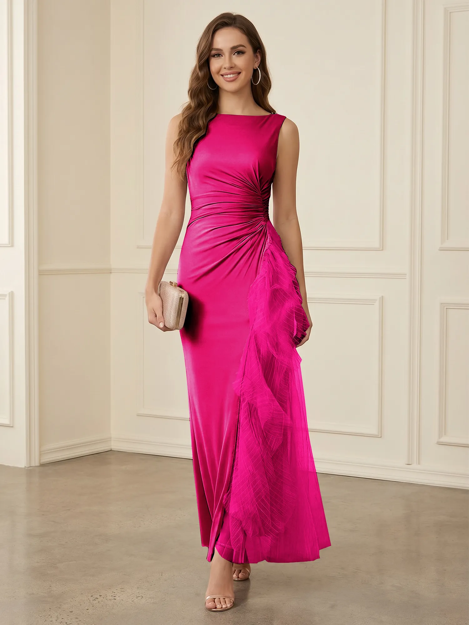 Sleeveless Ruched Sheath Evening Gown with Tulle Ruffle Detail