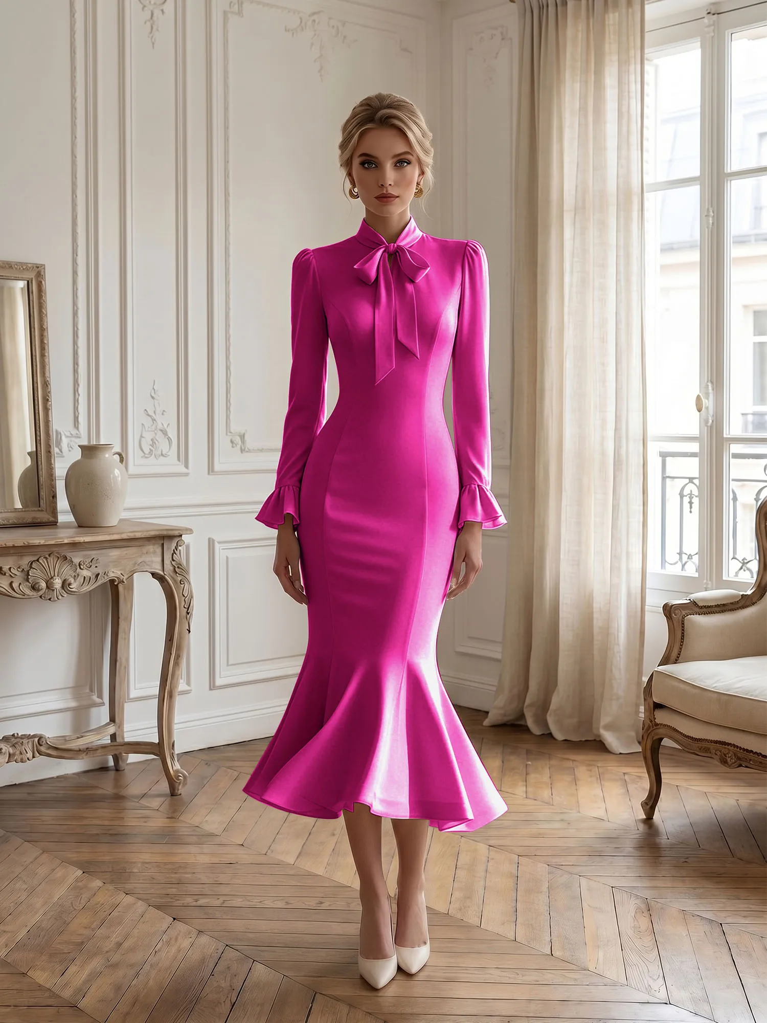 High Neck Bow Tie Long Sleeve Midi Mermaid Evening Dress