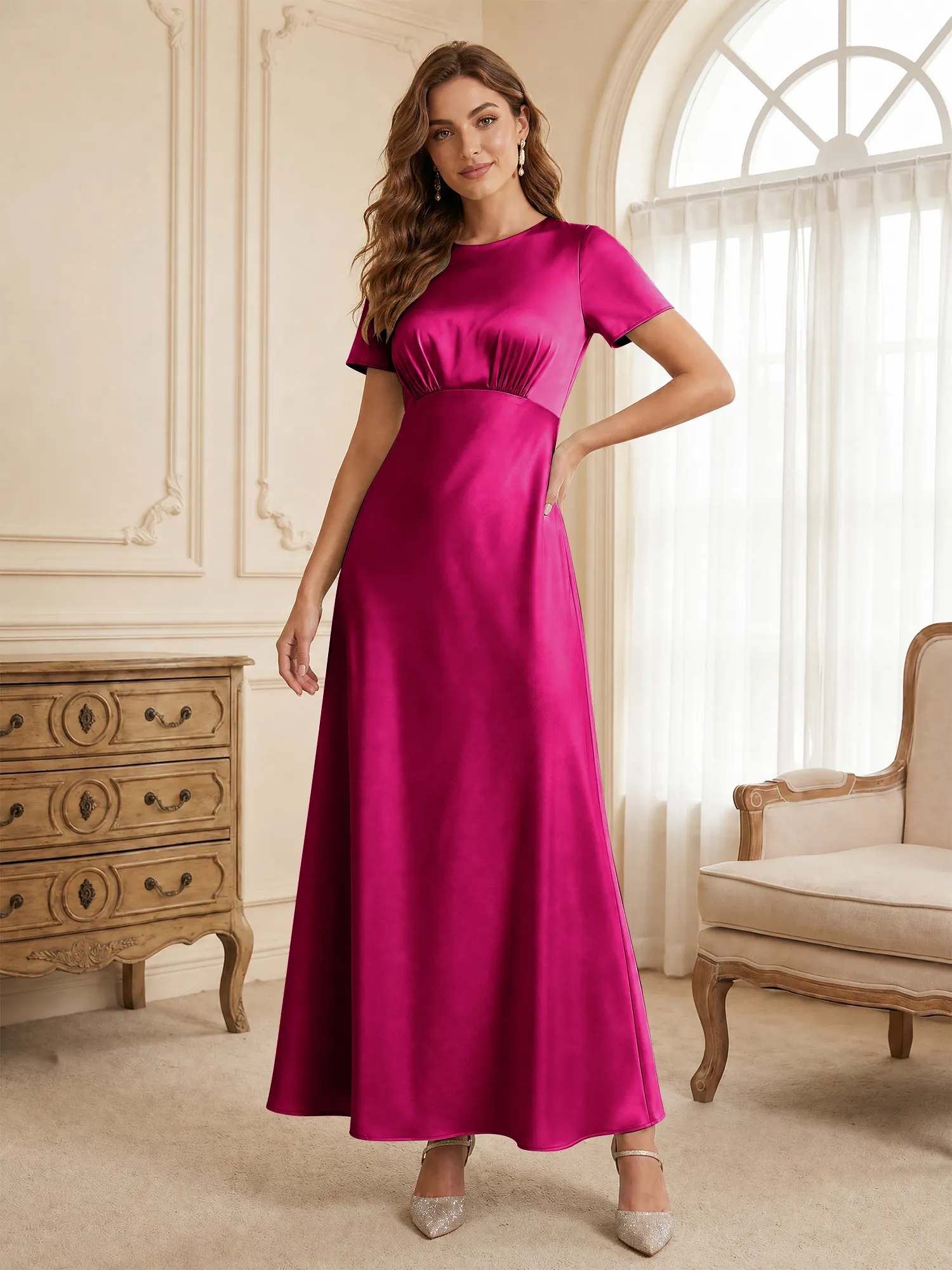 Round Neck Short Sleeve Satin Bridesmaid Dress