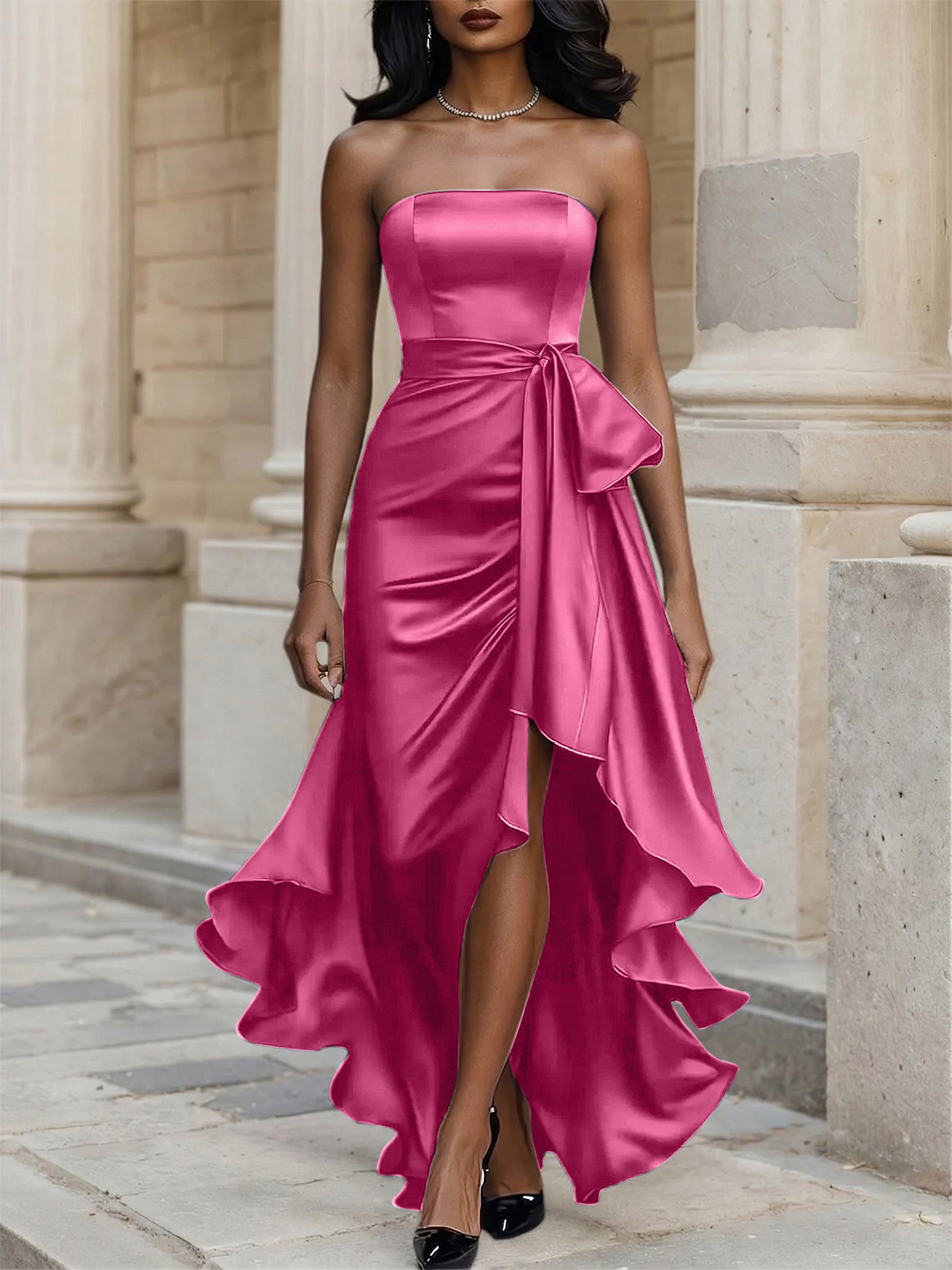 Glamorous Formal Dress Midnight Navy Strapless High-Low Satin Gown Midi Dress