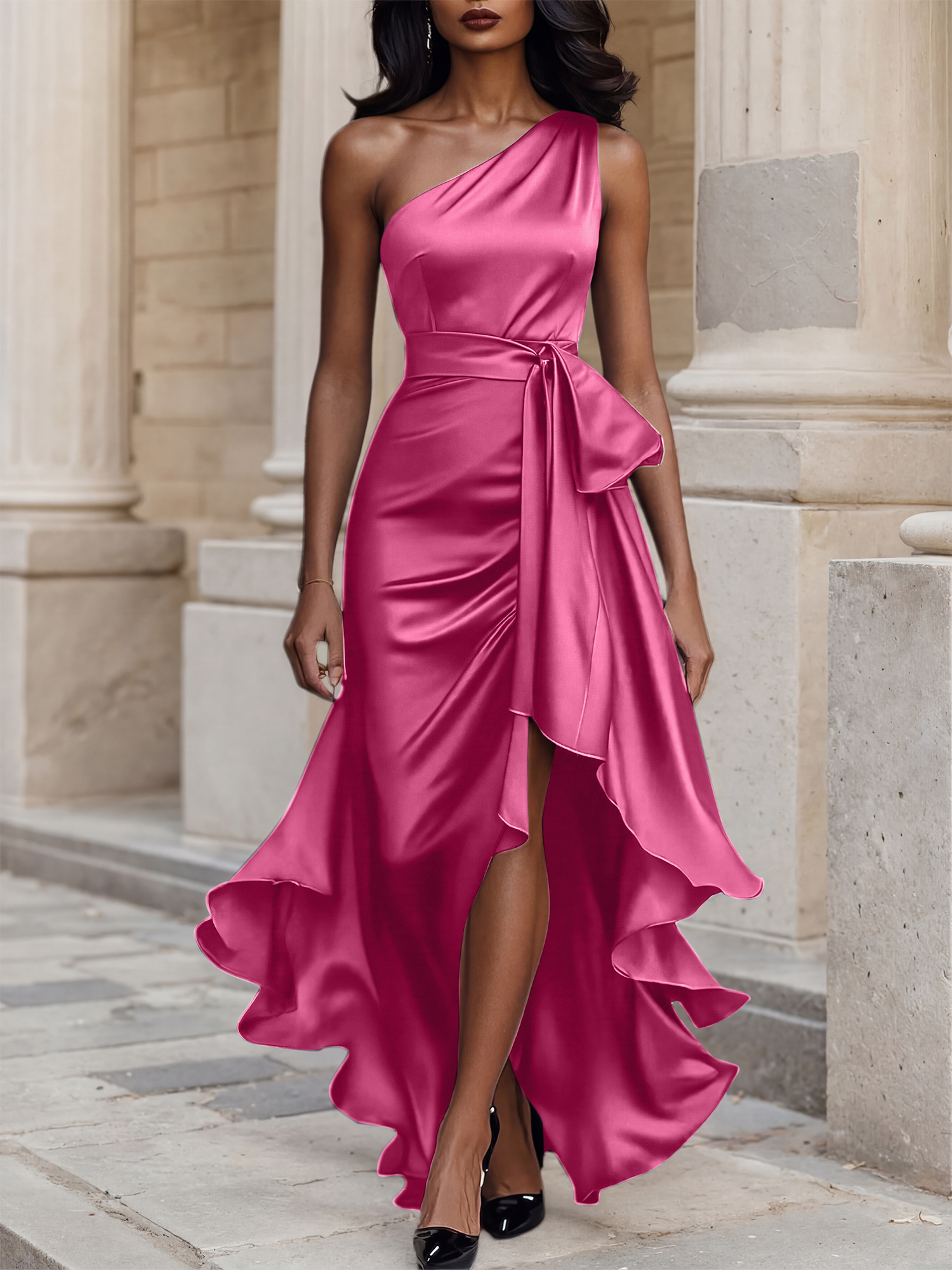 Glamorous Formal Dress Midnight Navy One Shoulder High-Low Satin Gown Midi Dress