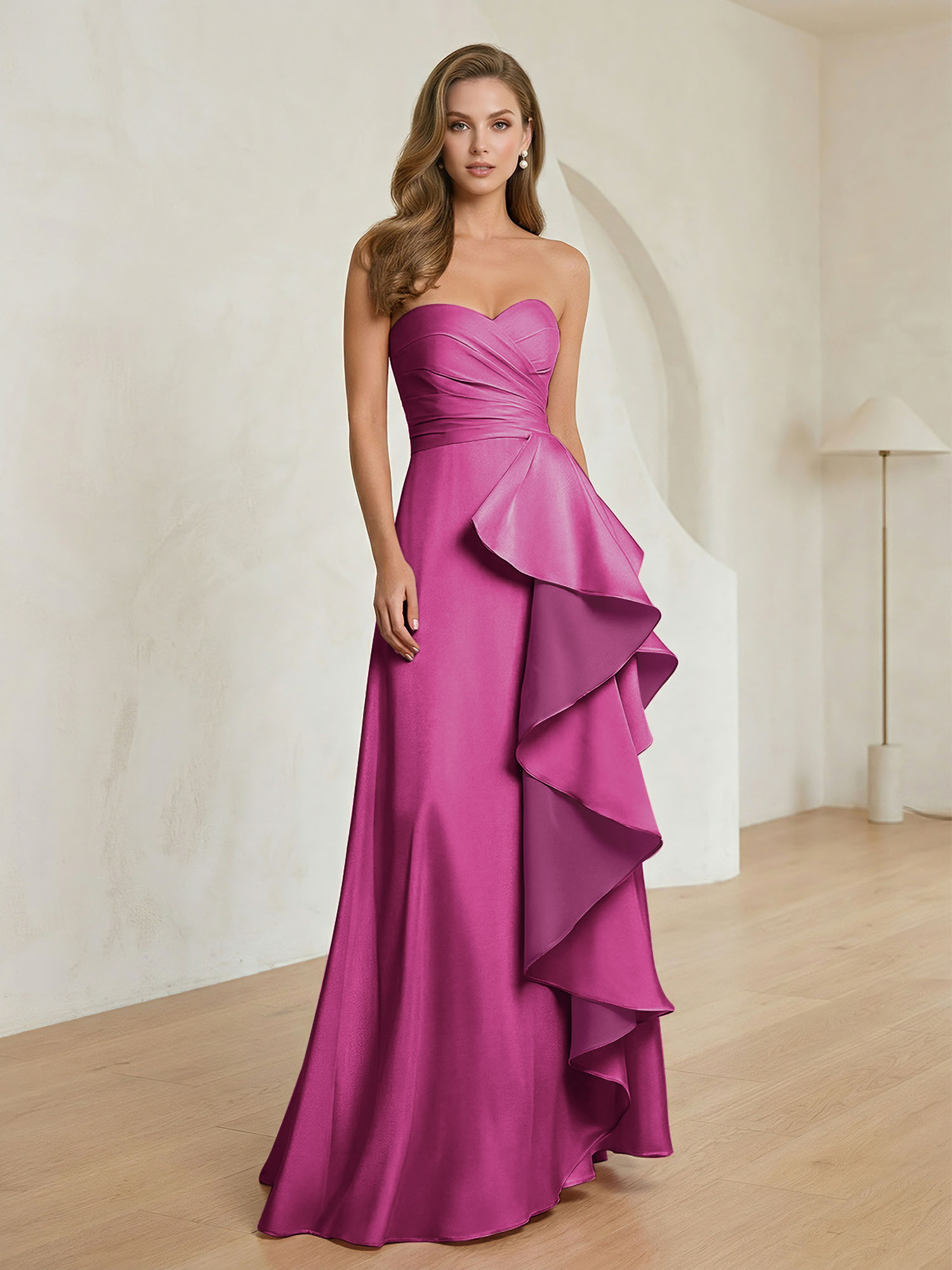 Formal Evening Dress Blush Strapless Ruffle Maxi Dress Gown