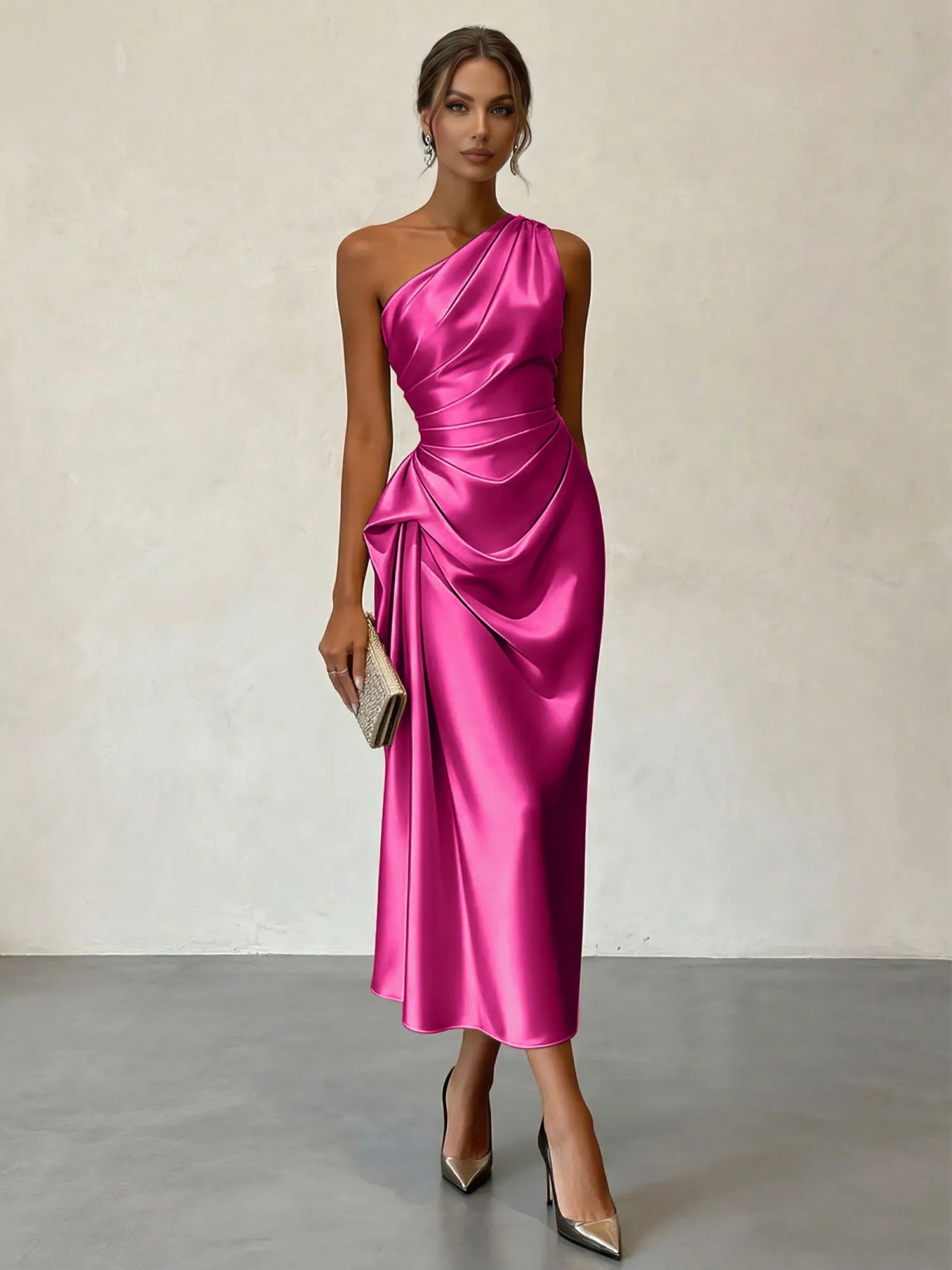 One-Shoulder Ruched Satin Midi Evening Dress with Draped Detail