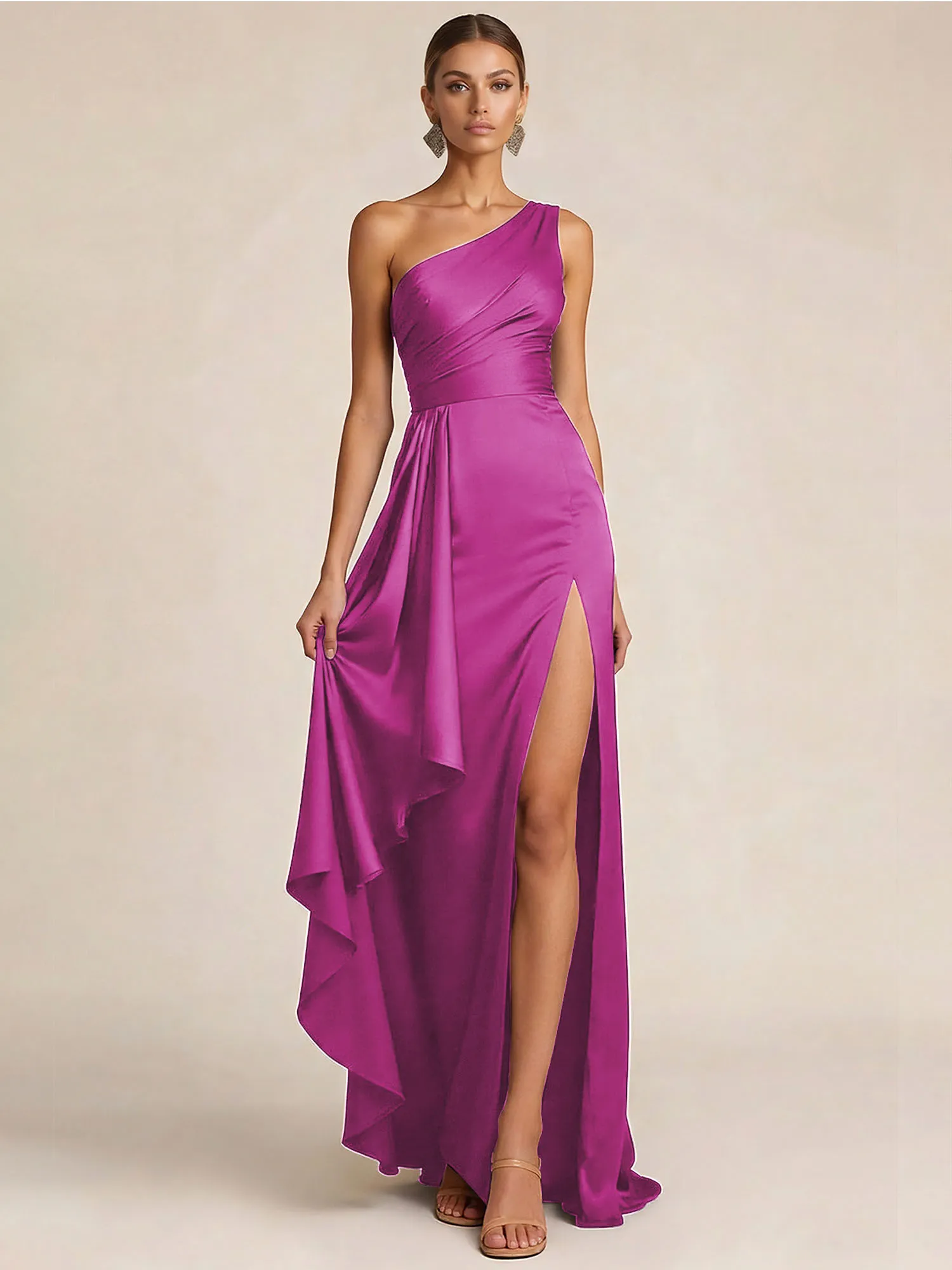 Sleek Foraml Evening Gown Midnight Navy One-Shoulder Satin Slit Maxi Dress