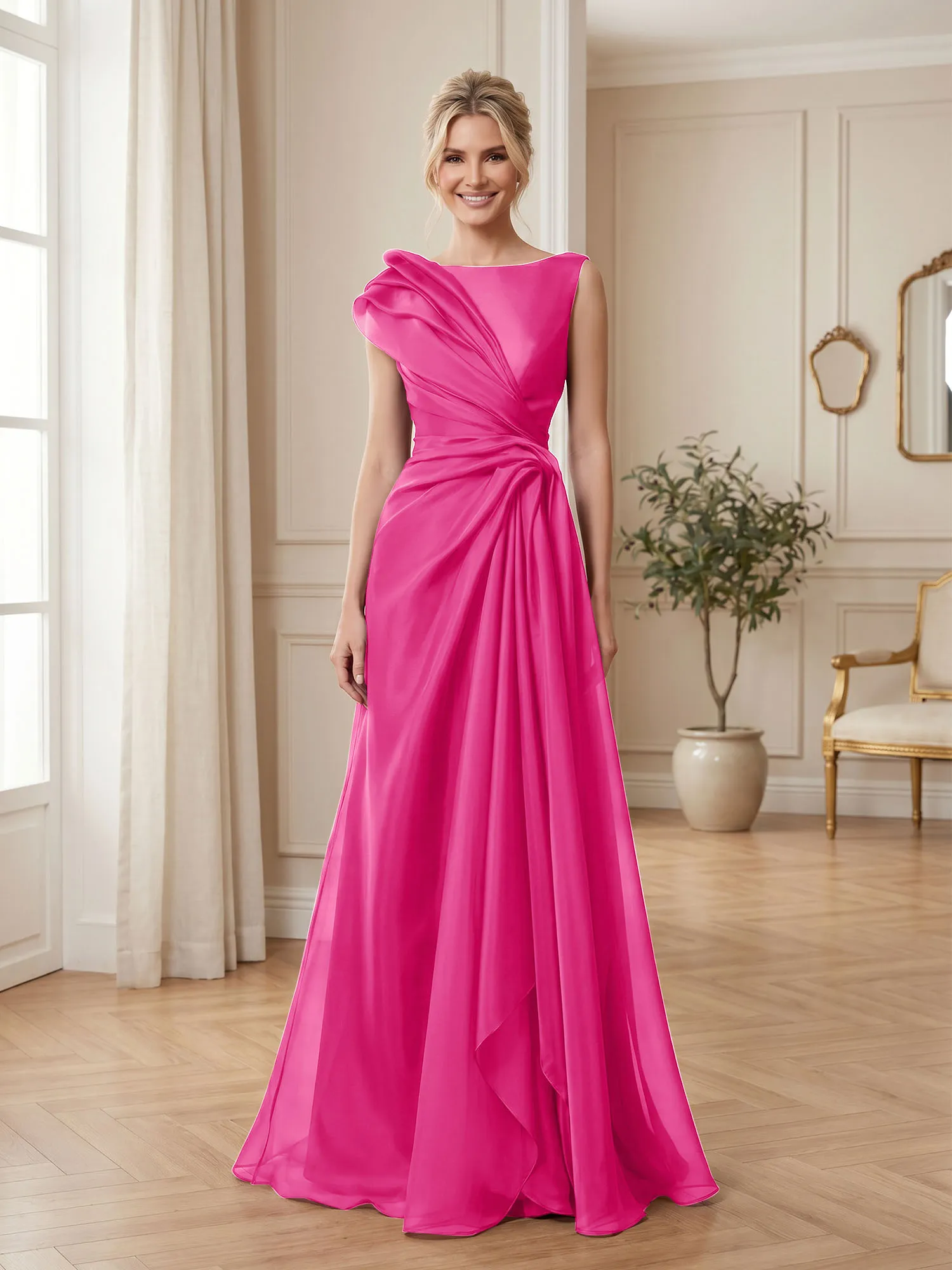 A Line Ruched Draped Tulle Evening Gown