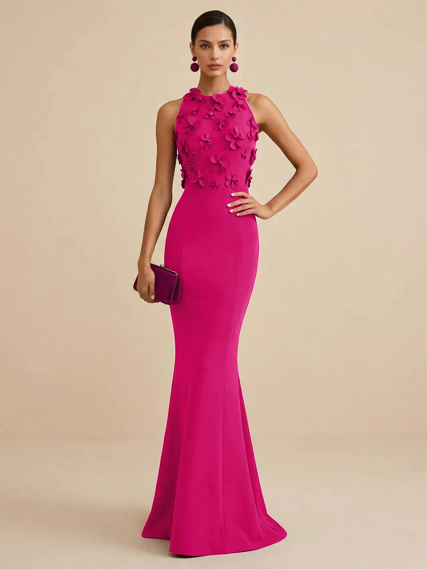 Scoop Neck 3D Floral Appliqué Crepe Mermaid Evening Gown
