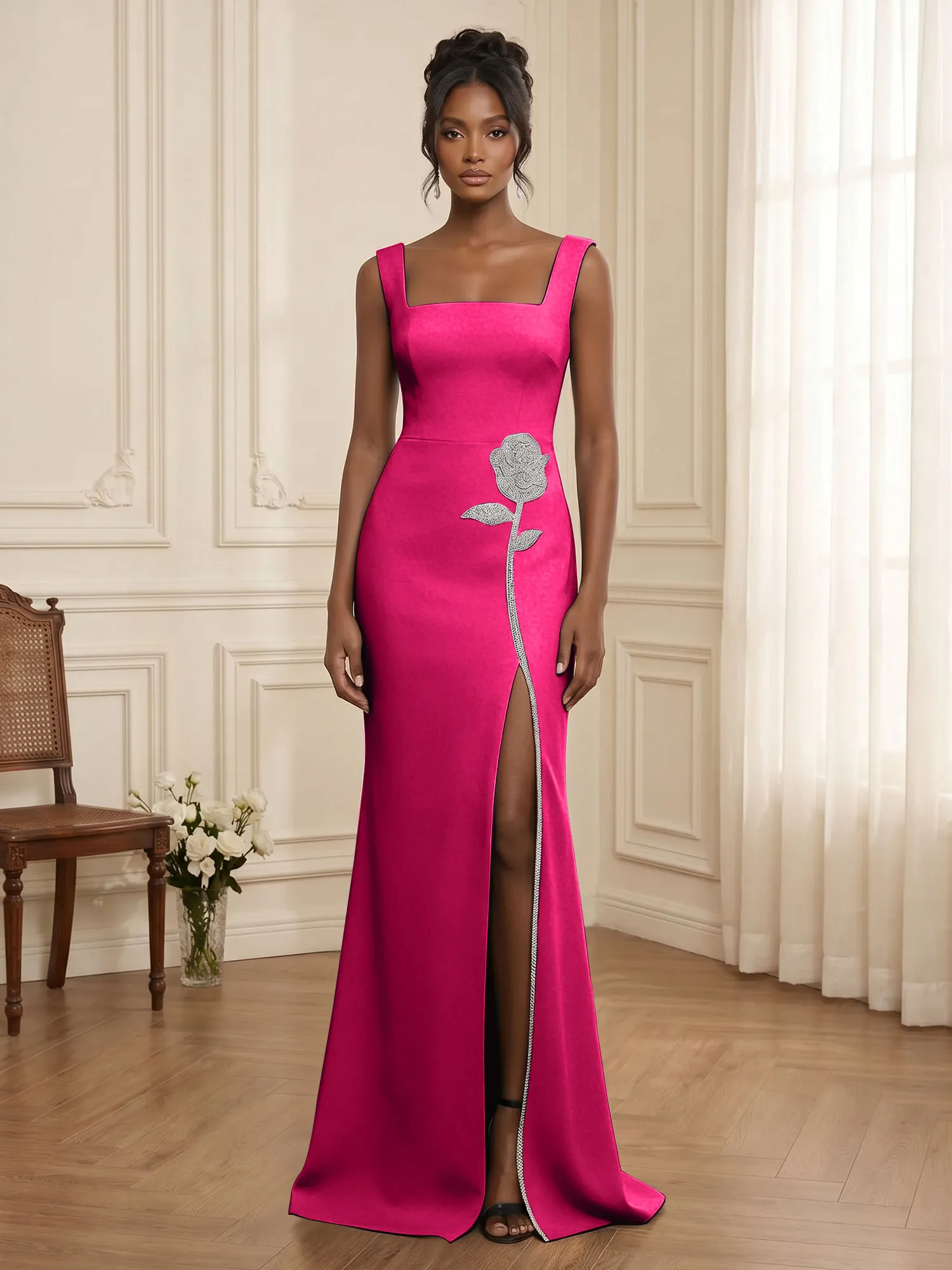 Square Neck Crystal Rose Appliqué Crepe Mermaid Evening Gown
