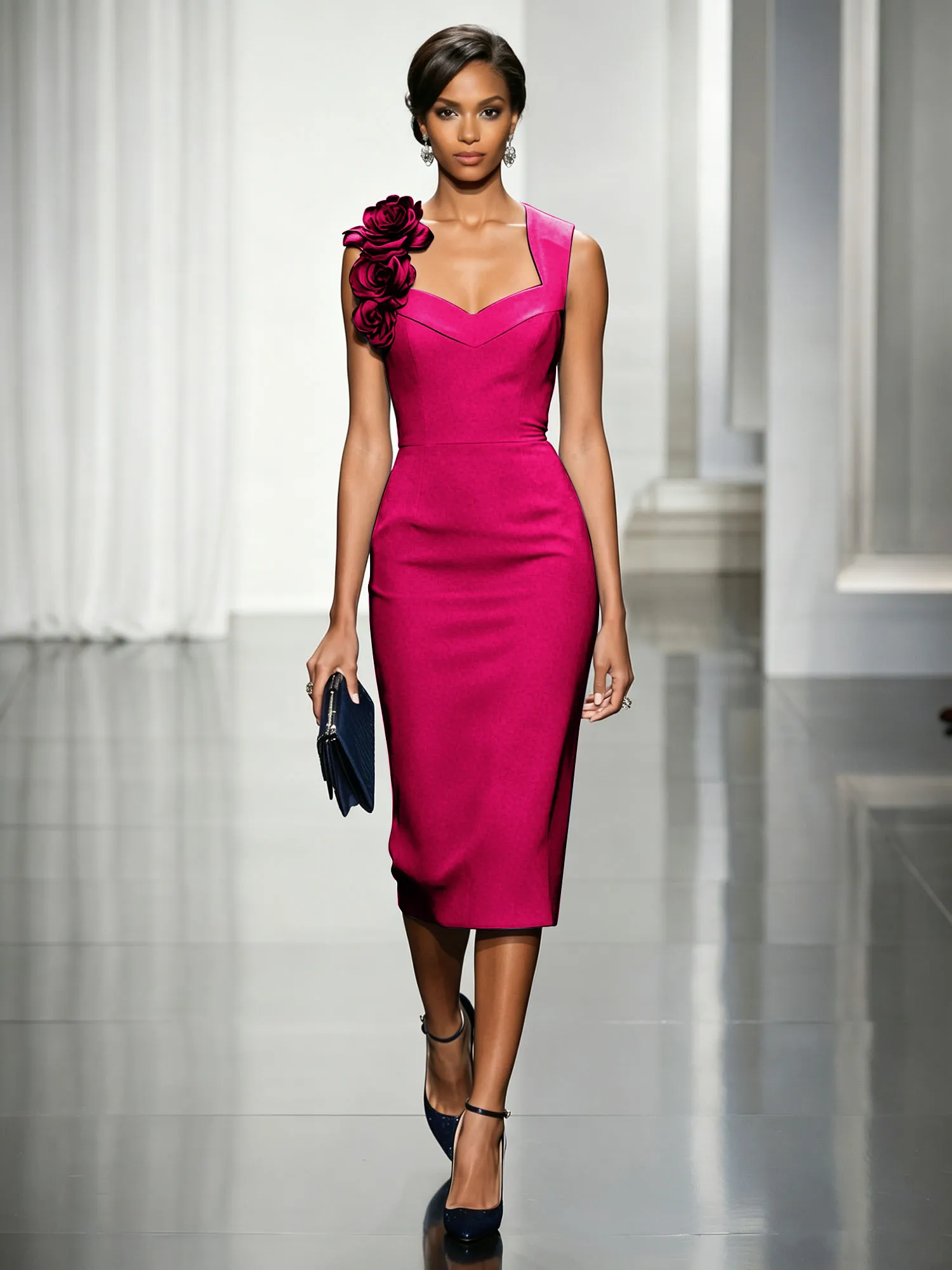 Asymmetric Neckline Crepe Midi Dress with 3D Floral Appliqué