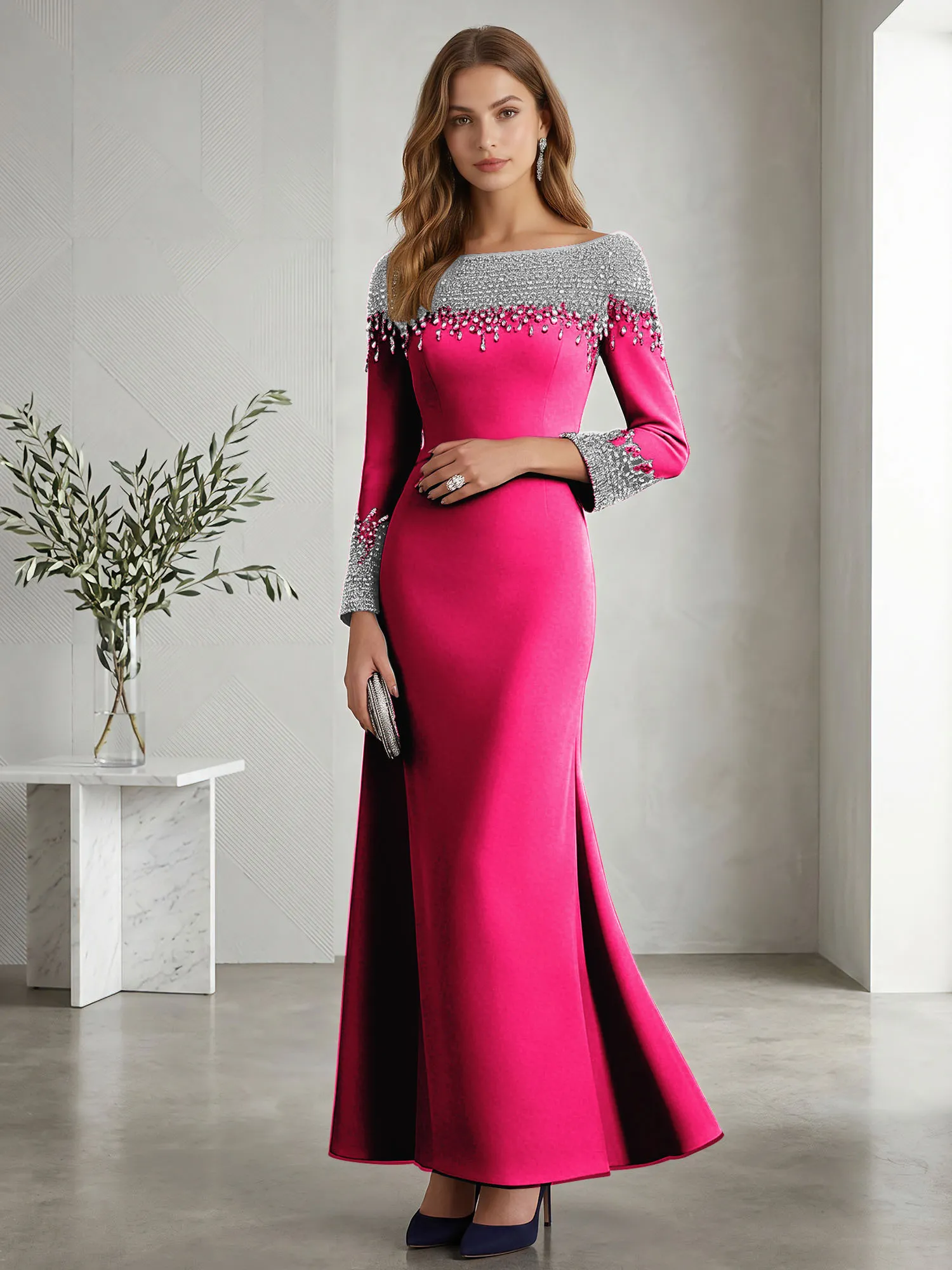 Beaded Off-the-Shoulder Long Sleeve Mermaid Evening Gown