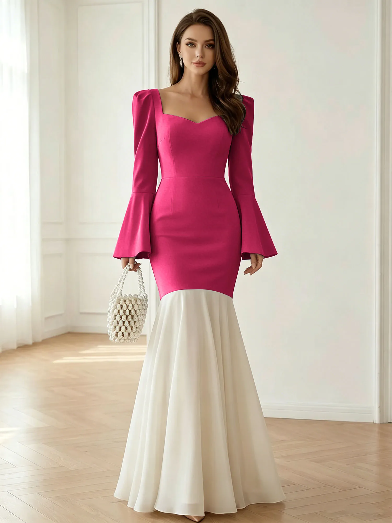 Sweetheart Neck Bell Sleeve Two-Tone Mermaid Evening Gown