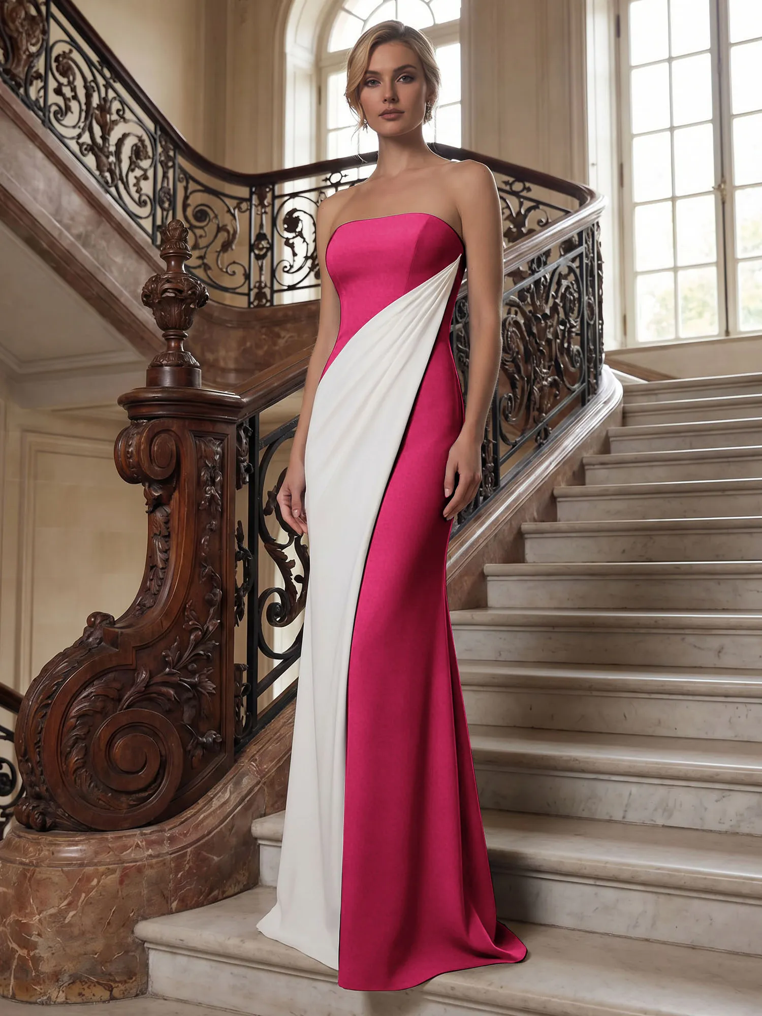 Strapless Two-Tone Draped Mermaid Evening Gown