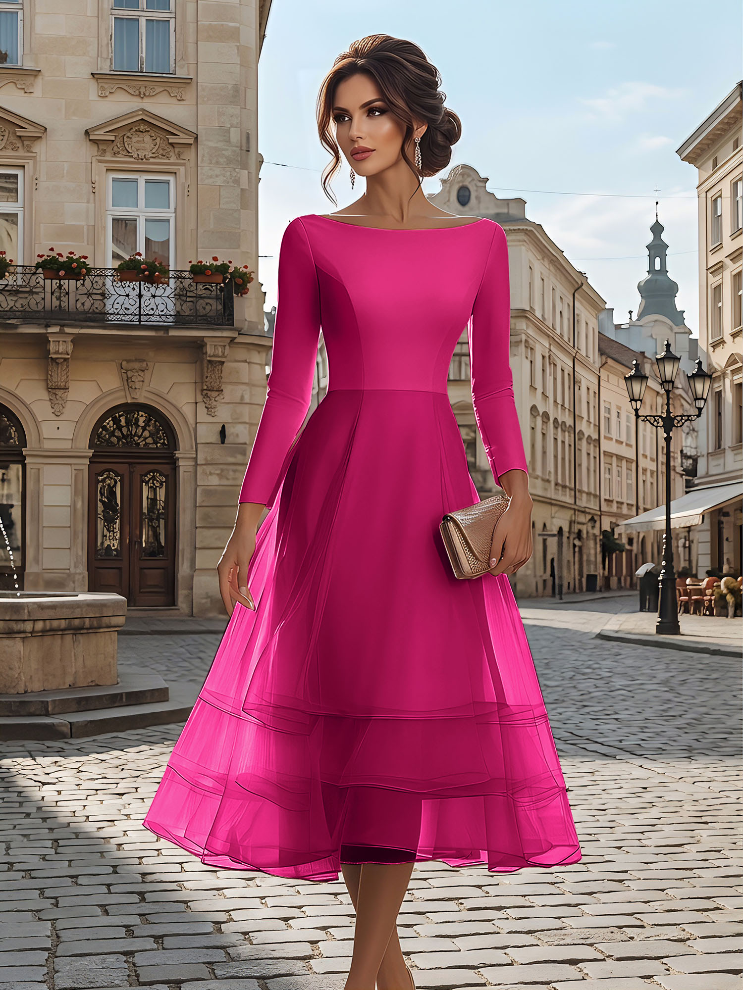 Timeless Evening Foraml Gown Blush Pink Long-Sleeve Layered Organza Midi Dress
