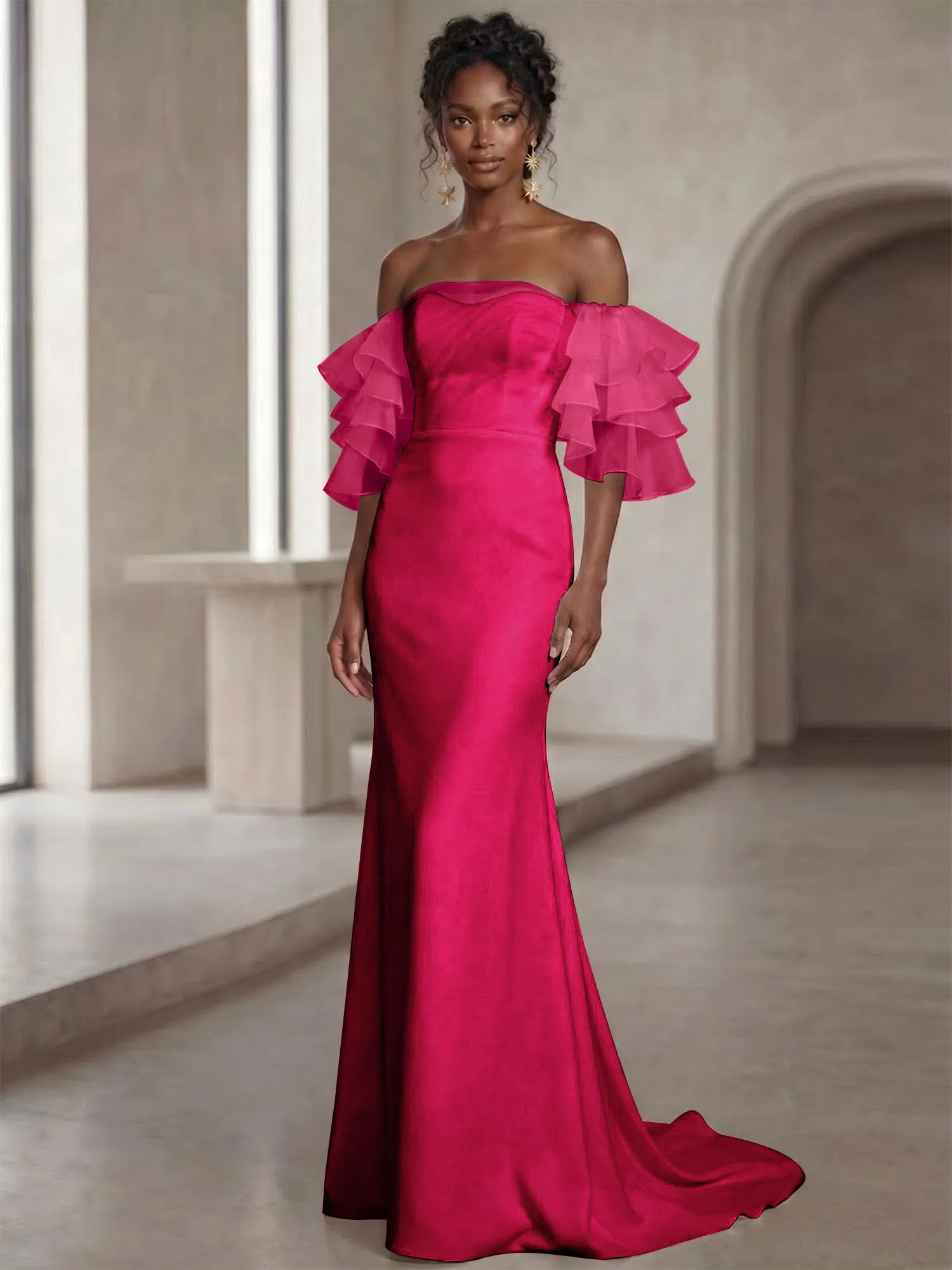 Off-the-Shoulder Tiered Organza Sleeve Mermaid Evening Gown