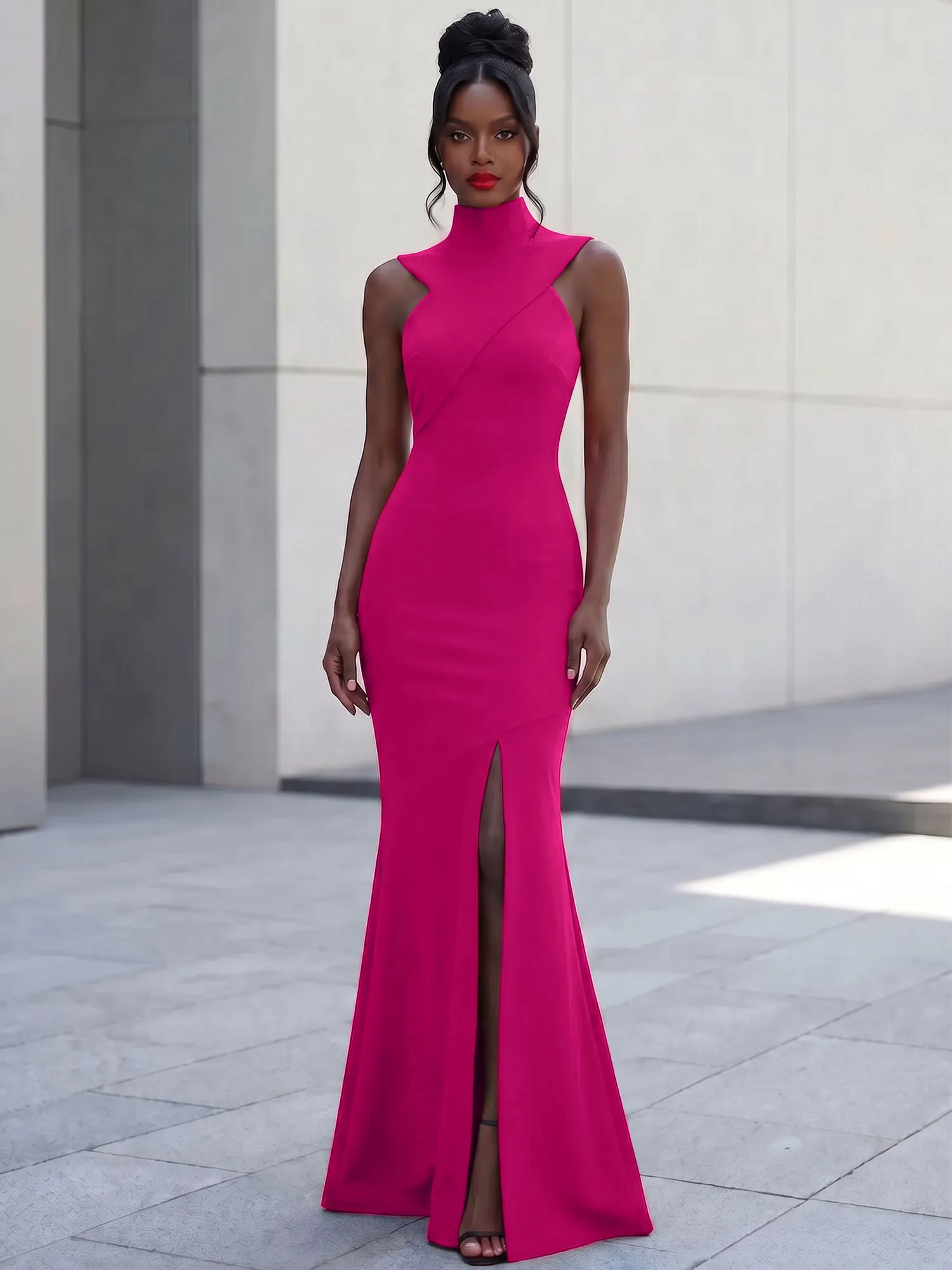 High Neck Asymmetric Cutout Mermaid Evening Gown