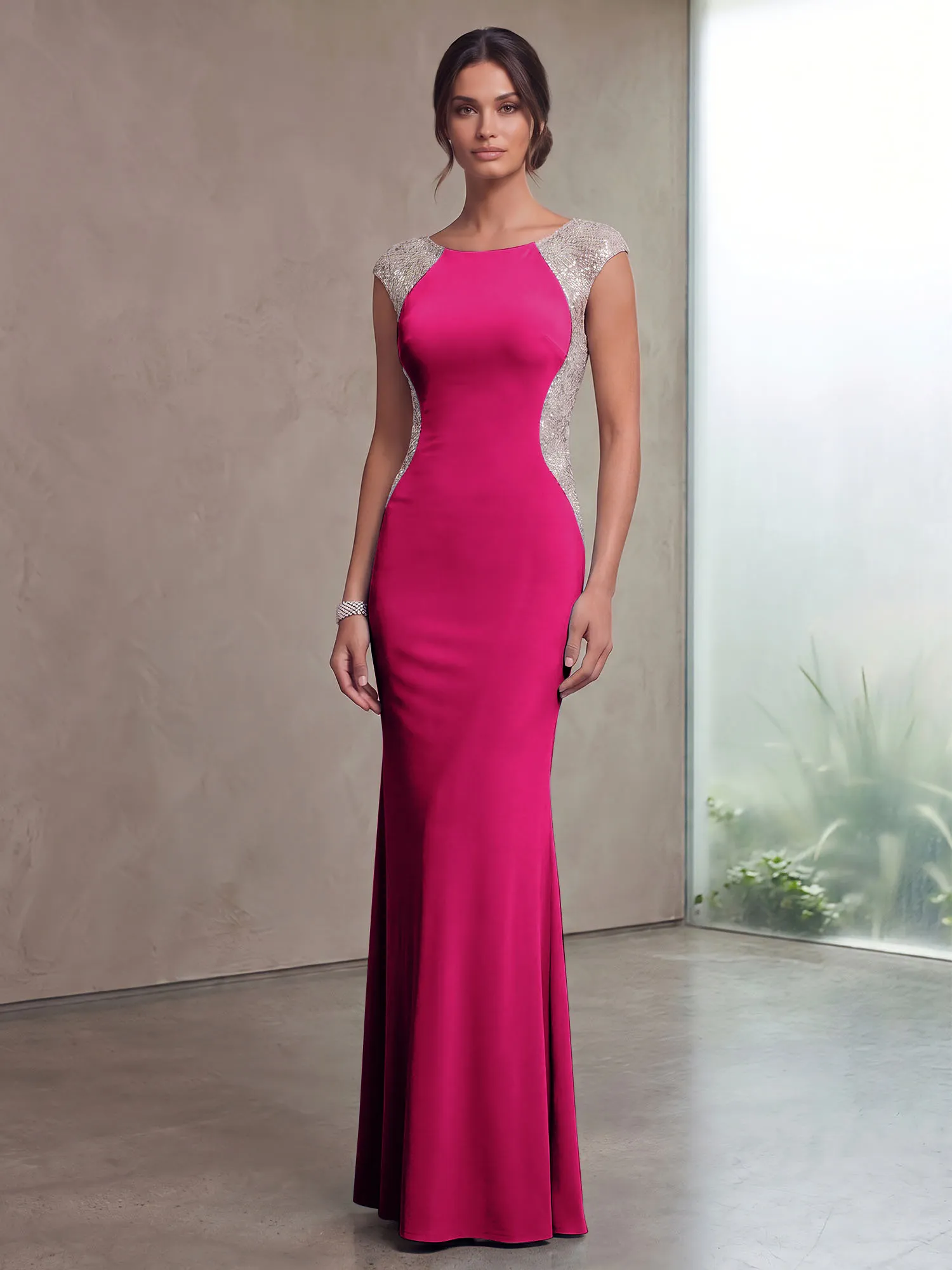 Bateau Neck Sequins Cap Sleeve Mermaid Evening Gown