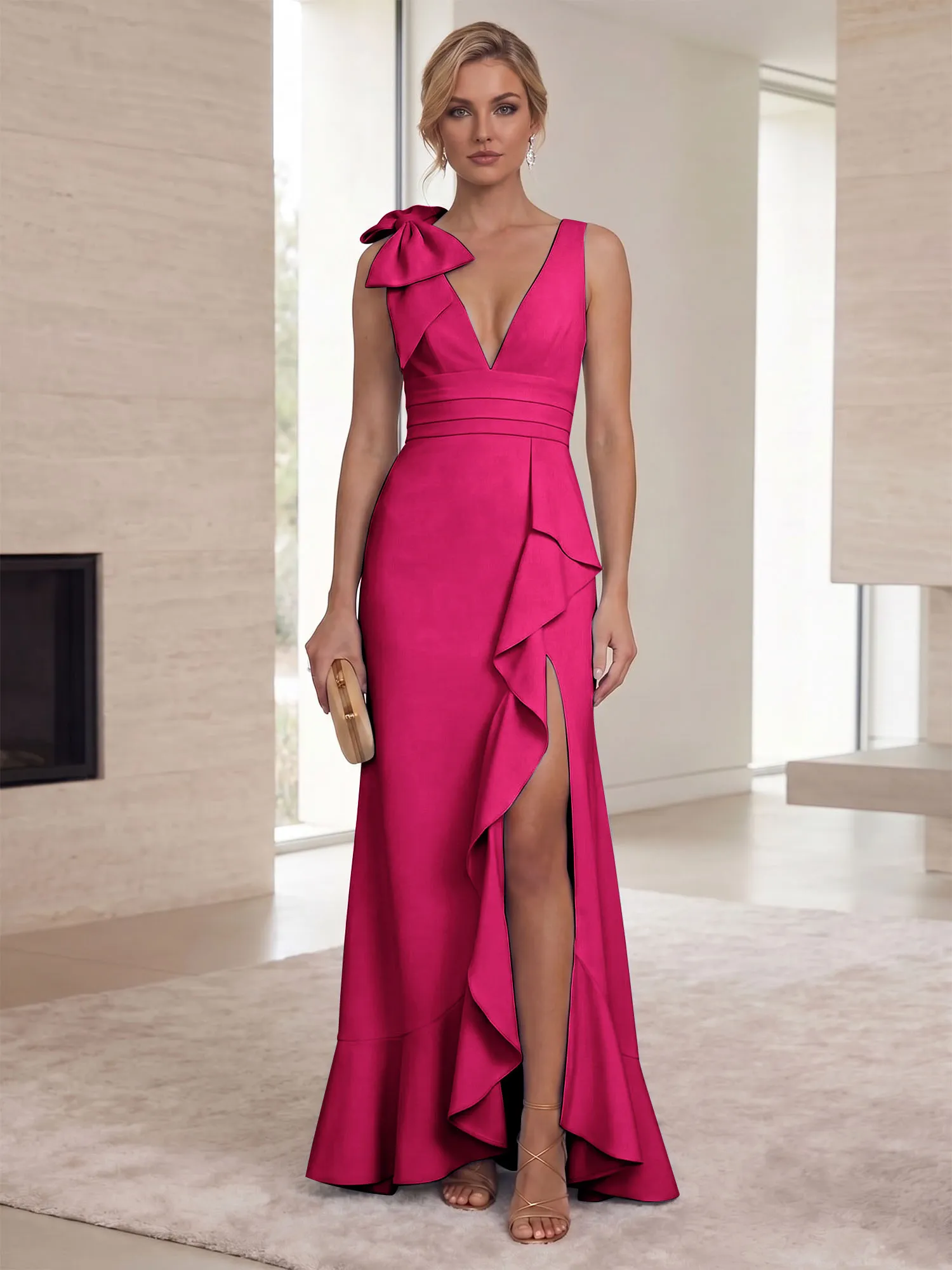 Deep V-Neck Bow-Shoulder Ruffle Slit Mermaid Evening Gown