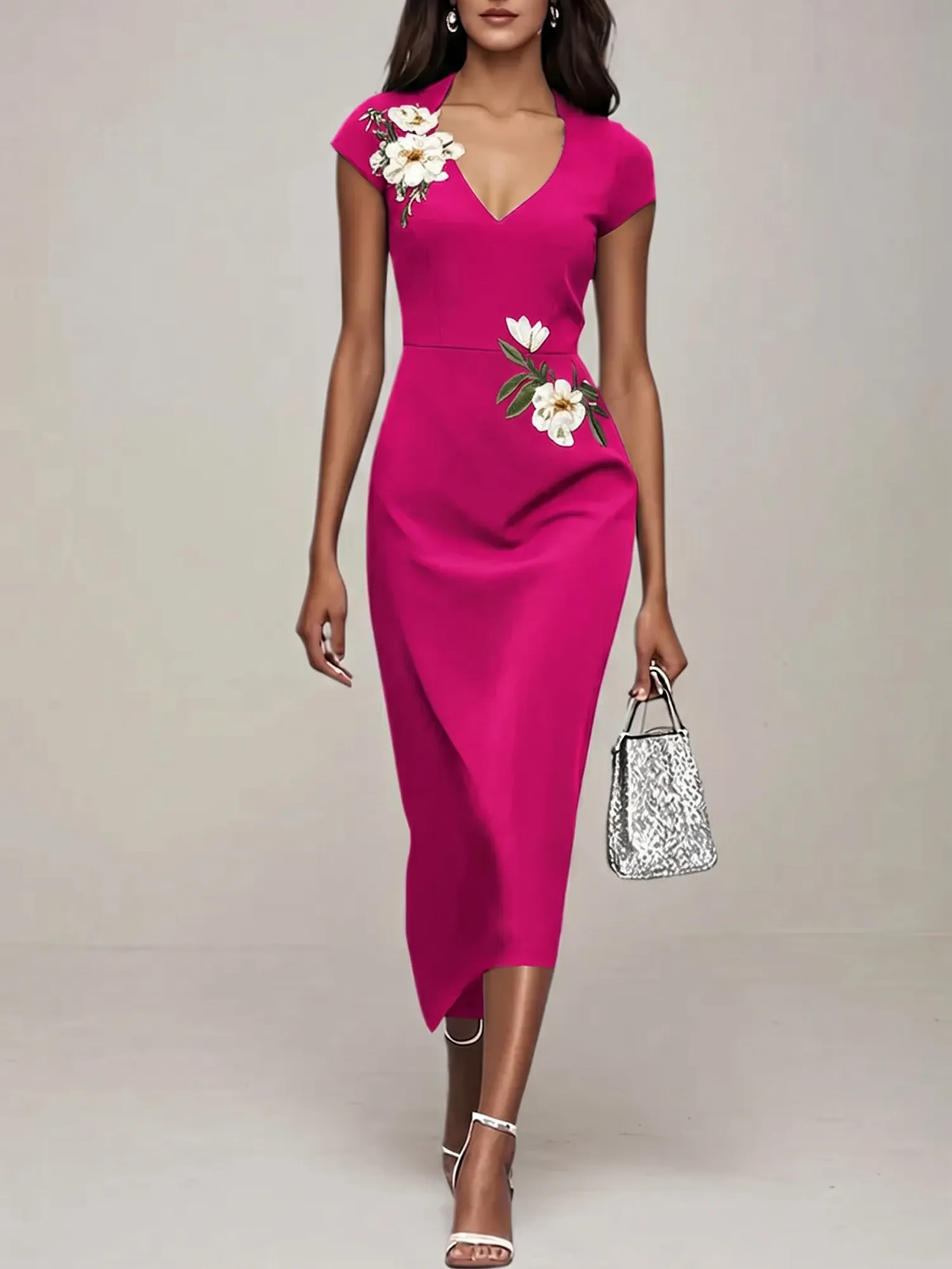 V-Neck Cap Sleeve Floral Embroidered Sheath Evening Dress