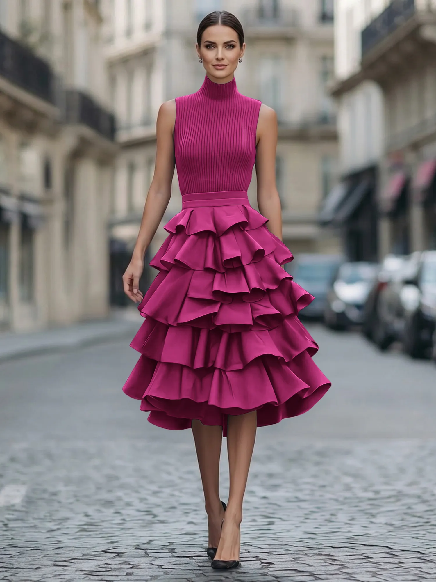 A Line High-Neck Pleated Tiered Evening Dress Maxi Dress