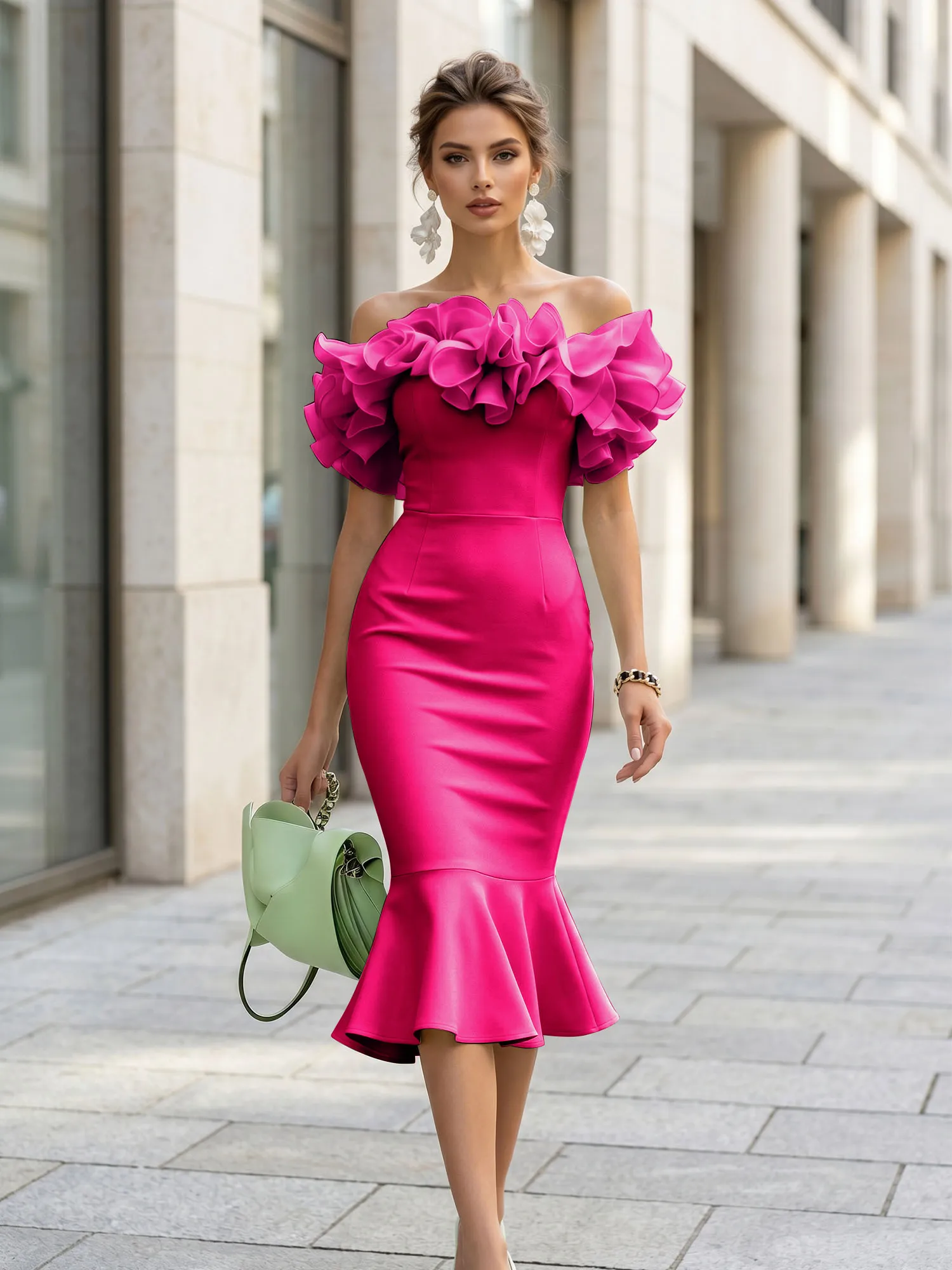 Off-the-Shoulder Ruffle Midi Midi Cocktail Dress Evening Dress
