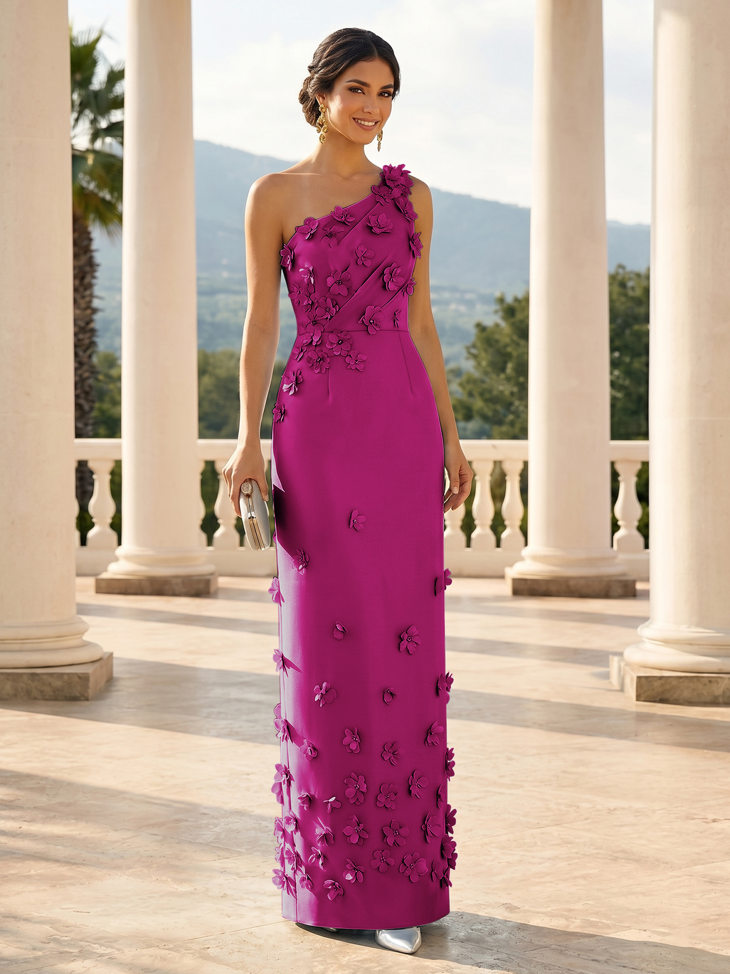 Enchanting Sky Blue One-Shoulder Evening Dress with 3D Floral Appliqués