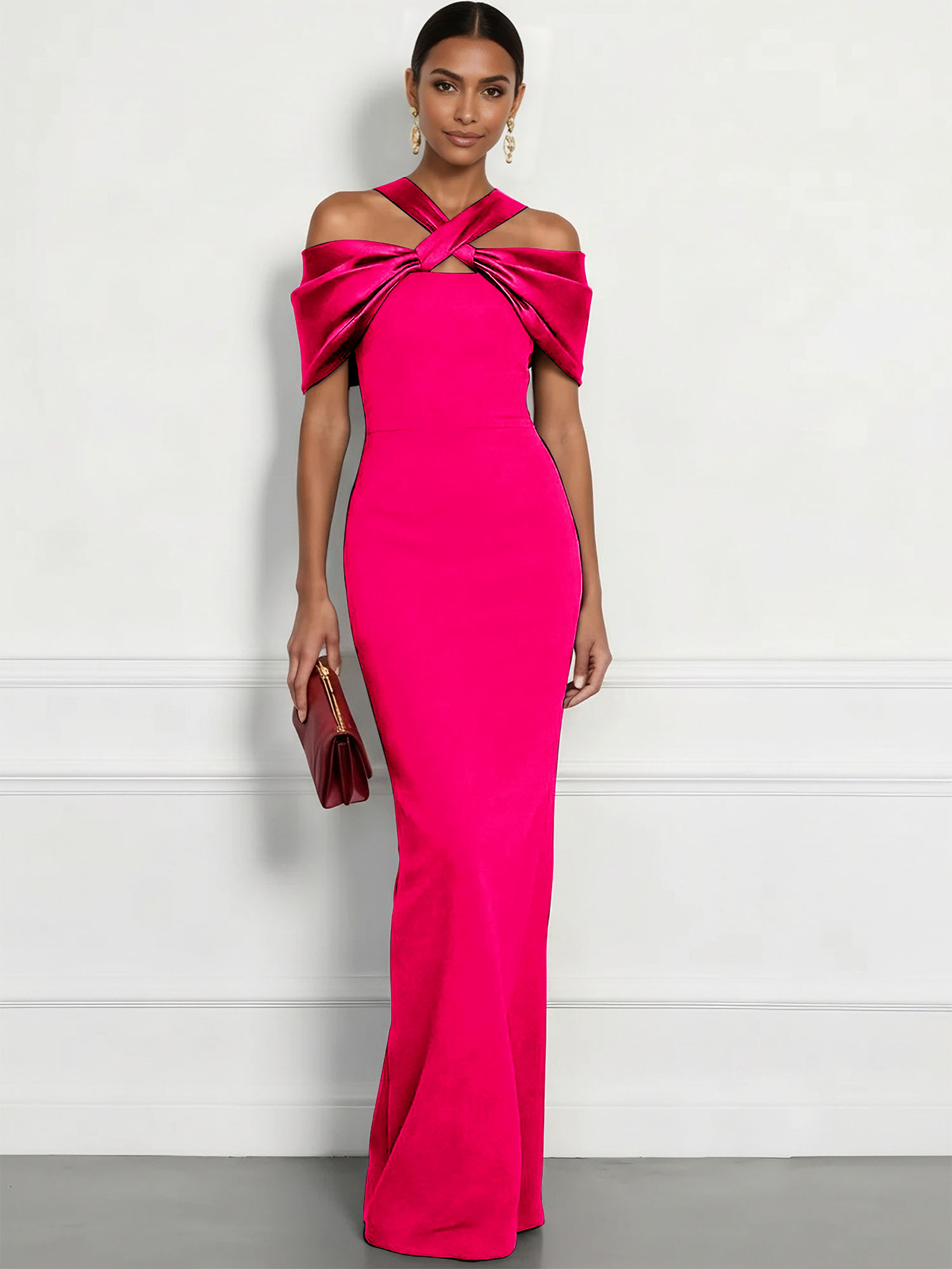  Regal Plum Crepe Column Gown with Satin Criss-Cross Halter Maxi Dress