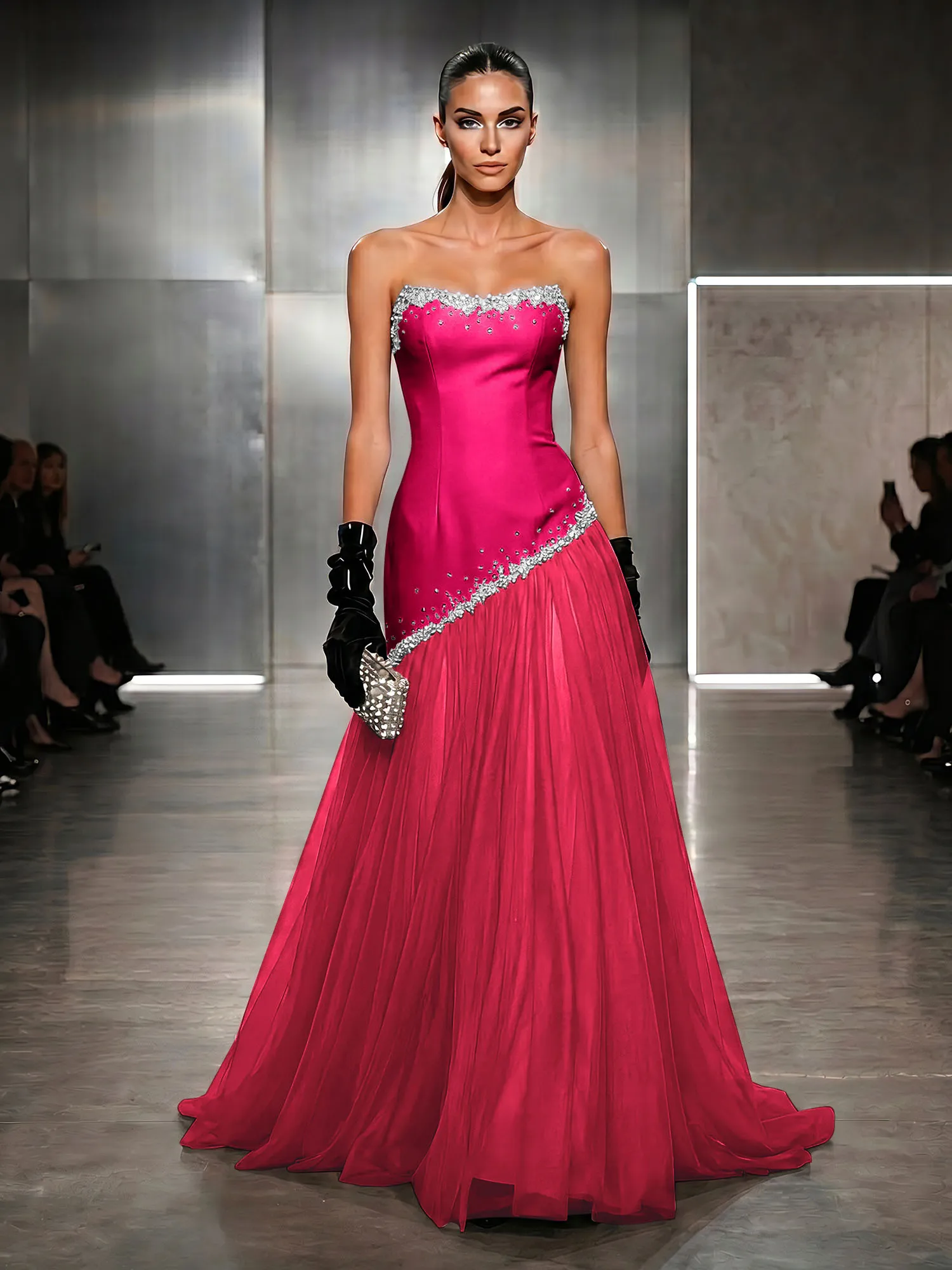 Strapless Tulle Beaded Corset Evening Gown Maxi Dress