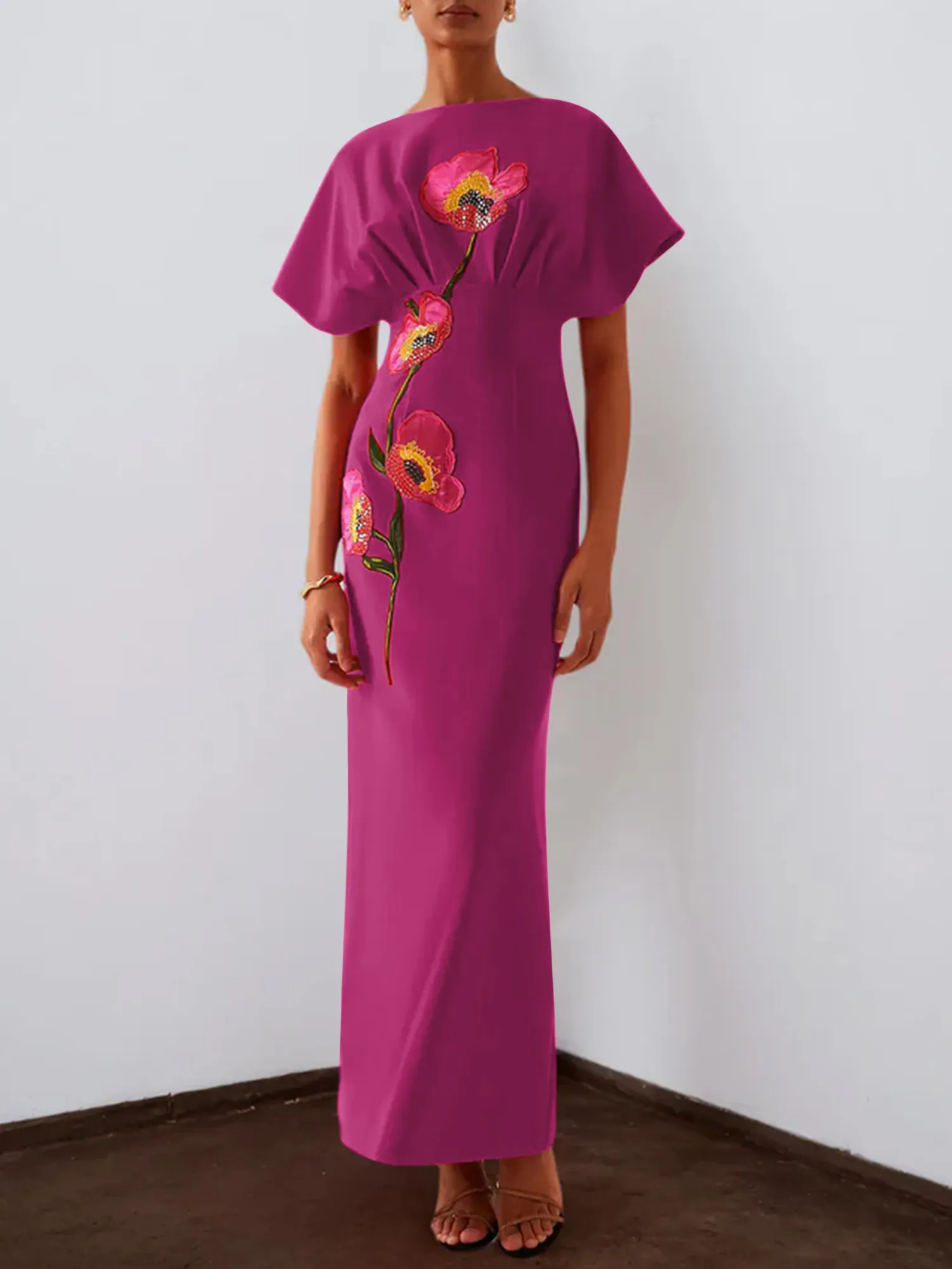 Floral Embroidered Boat Neck Batwing Sleeve Column Evening Gown