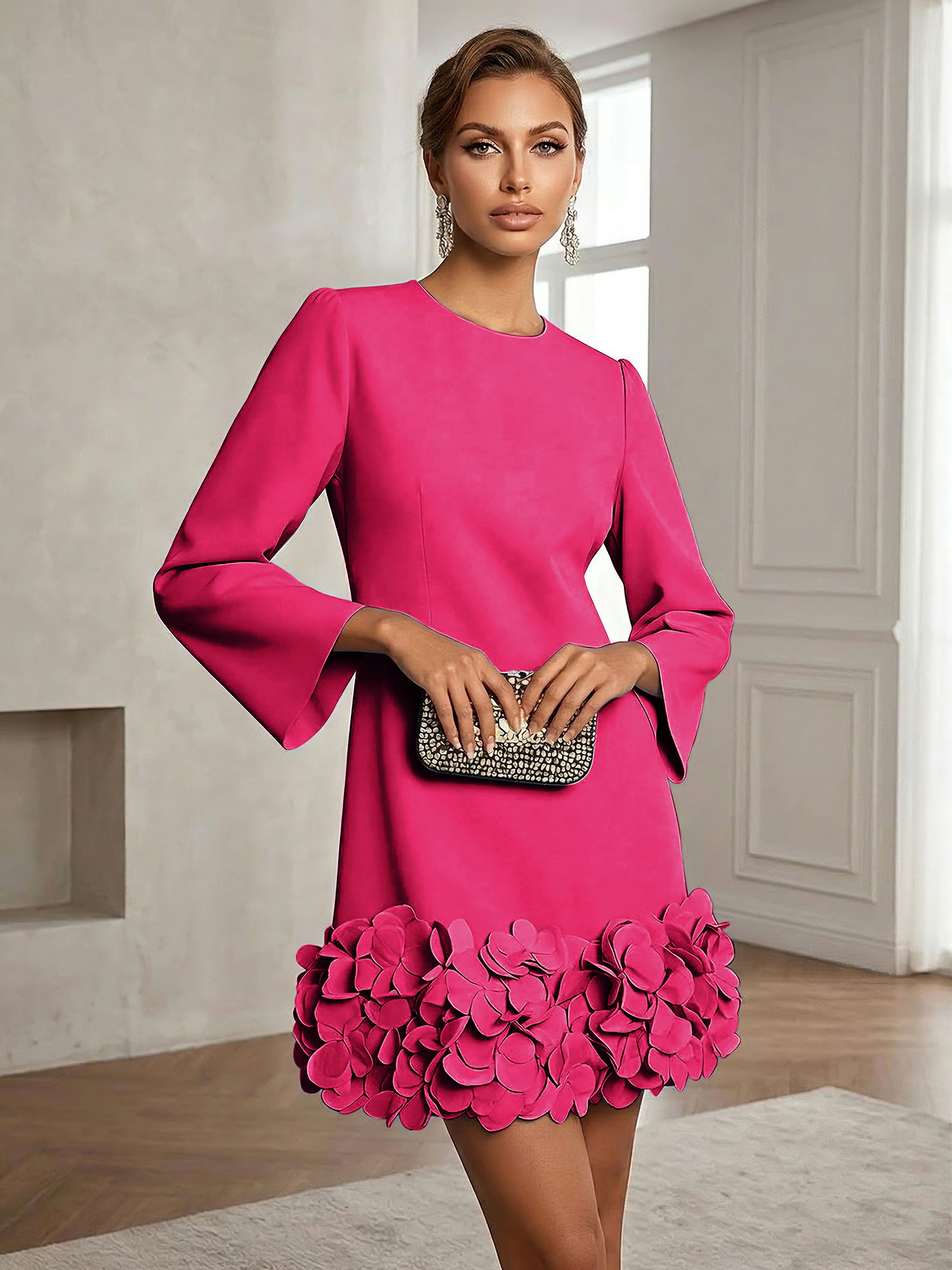 Powder Blue 3D Floral Classic Crew Neck Bell Long Sleeve Shift Mini Dress