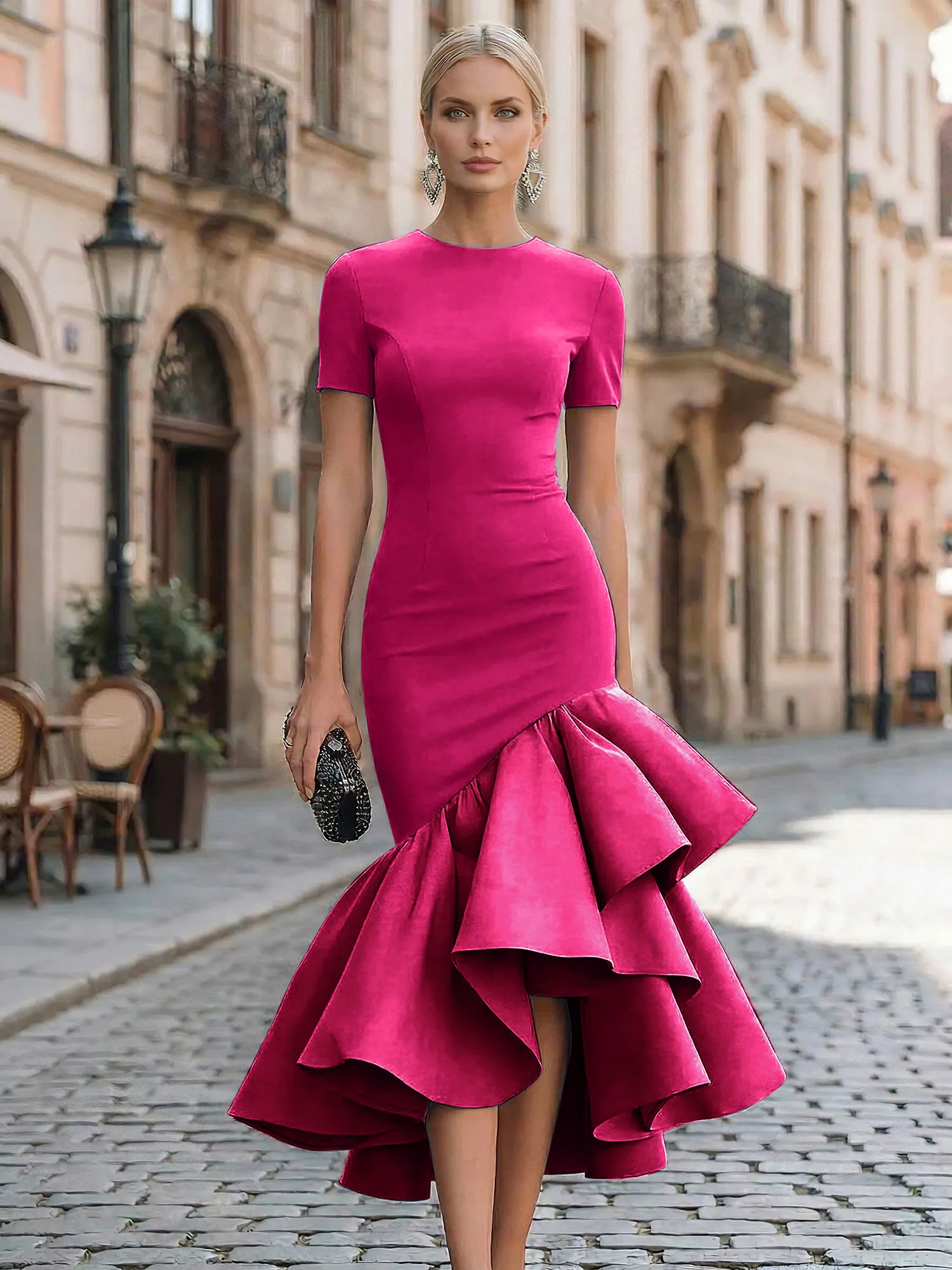 Evening Foraml Gown Avant-Garde Black Short-Sleeve Tiered Ruffle Midi Dress