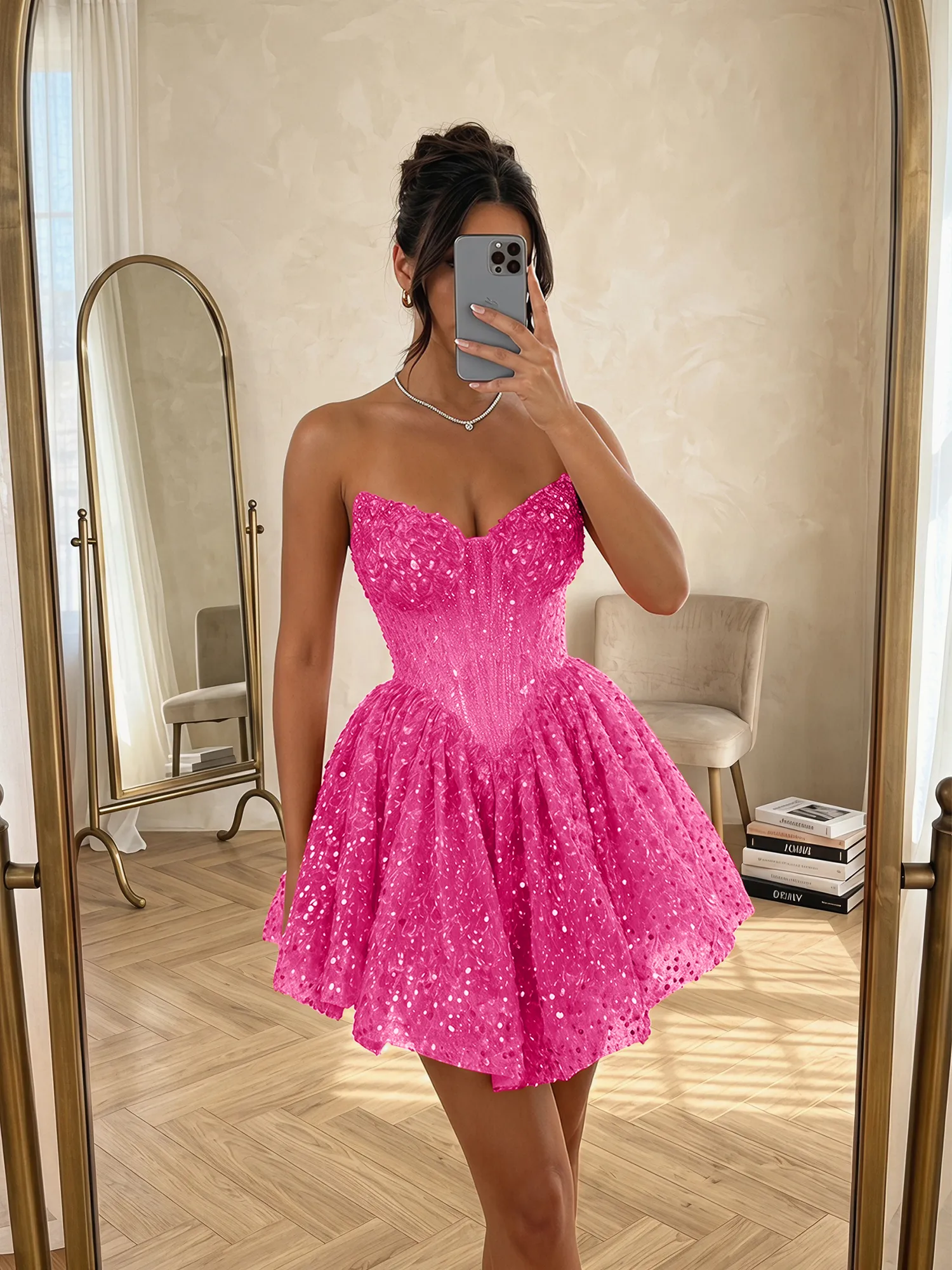 Strapless Sequin Pearl Corset Homecoming Dress with Lace-Up Back