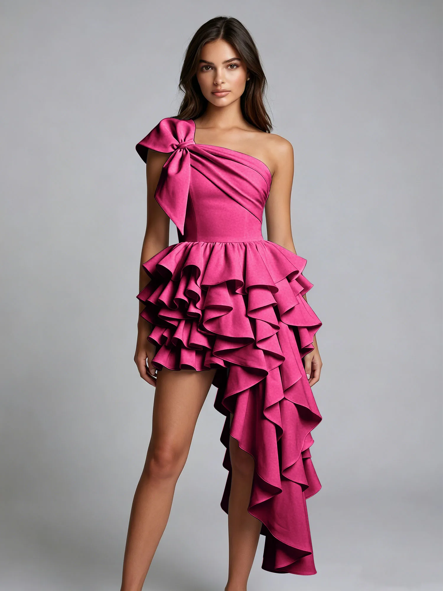 One-Shoulder Bow Tiered Ruffle Asymmetrical Homecoming Dress