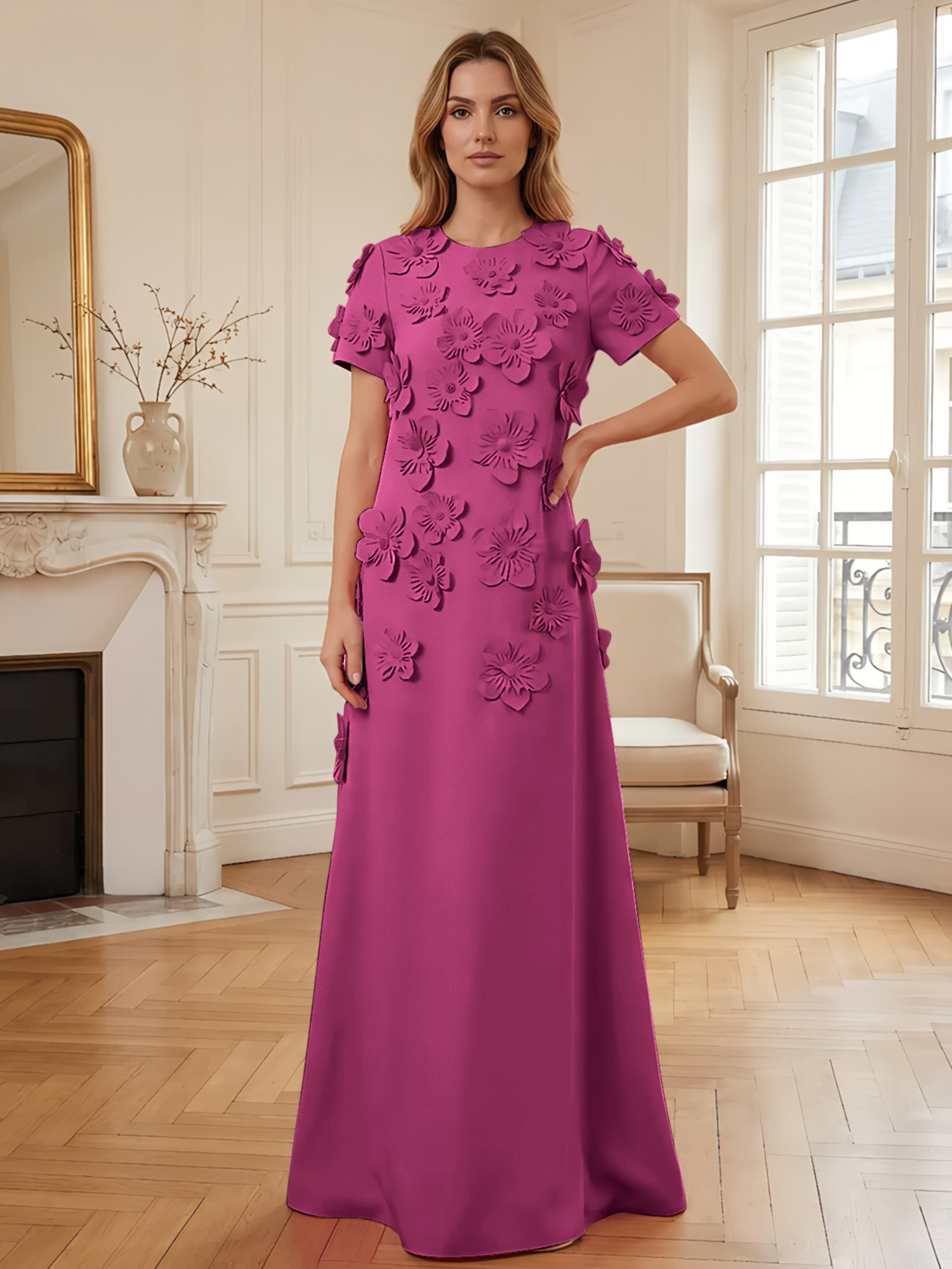 3D Floral Applique Short-Sleeve Column Evening Gown