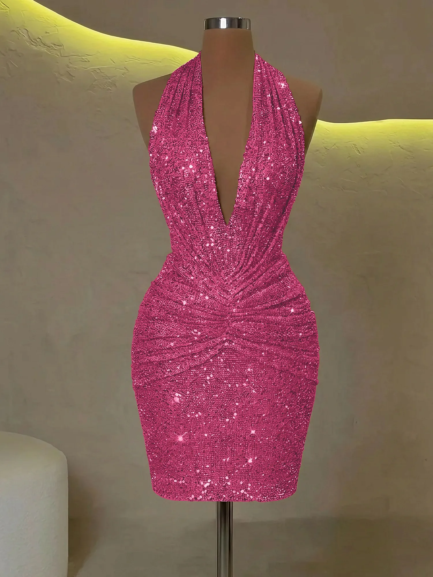 Sequin Halter Deep V-Neck Bodycon Homecoming Dress Mini Dress