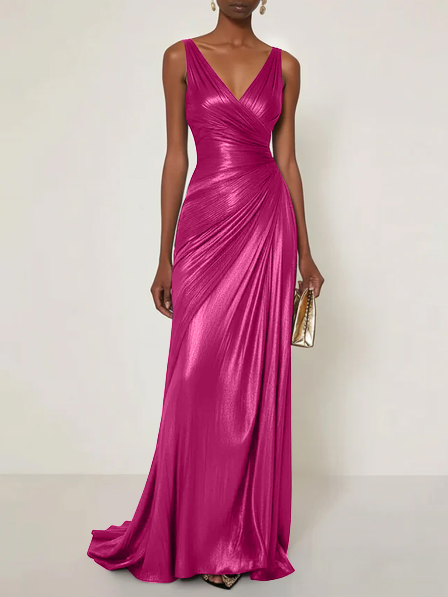 Evening Formal Dress V Neck Silk Ruffles Maxi Dress Gown
