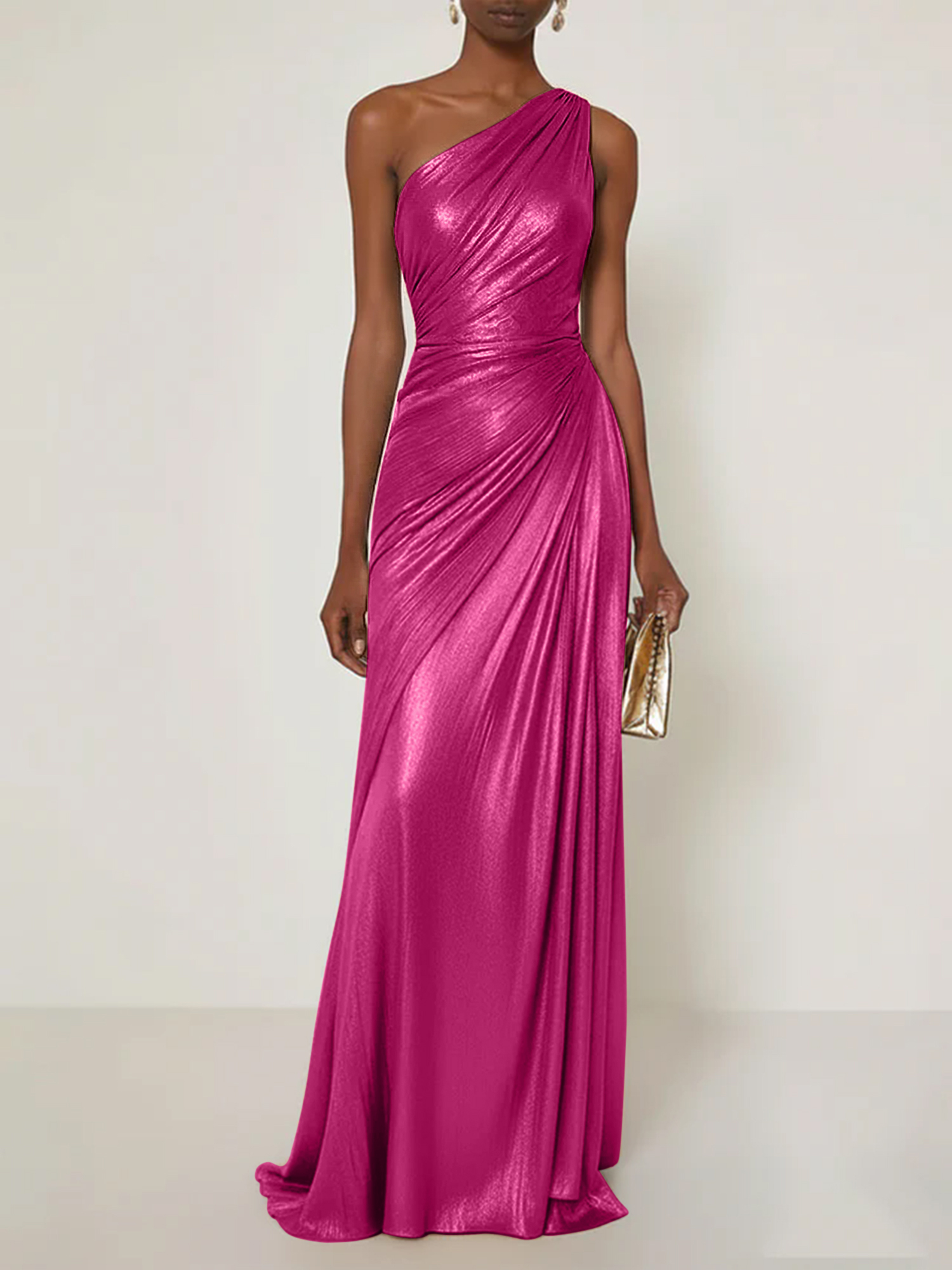 Evening Formal Dress V Neck One Shoulder Silk Ruffles Maxi Dress