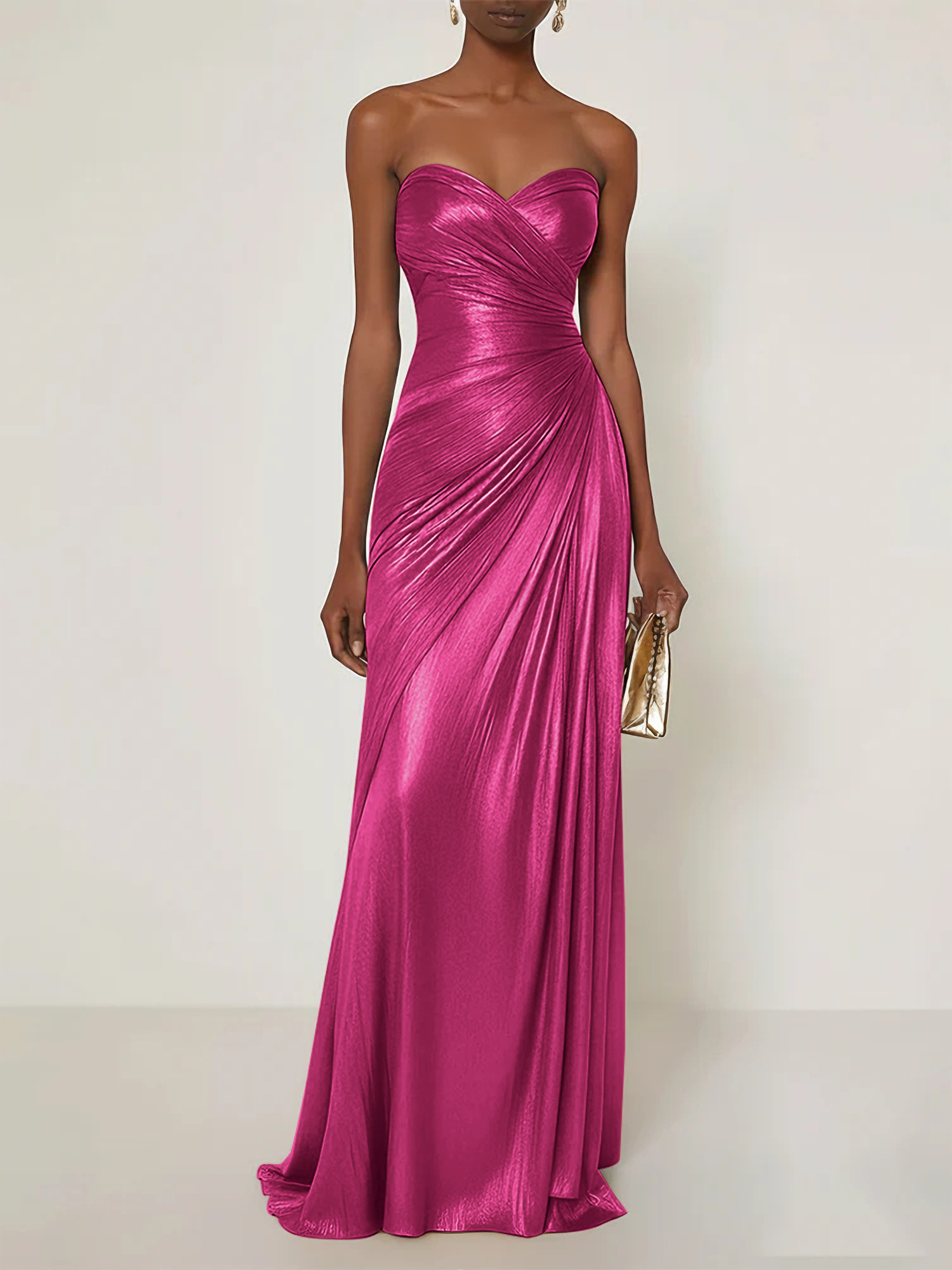 Evening Formal Dress V Neck Silk Ruffles Strapless Maxi Dress