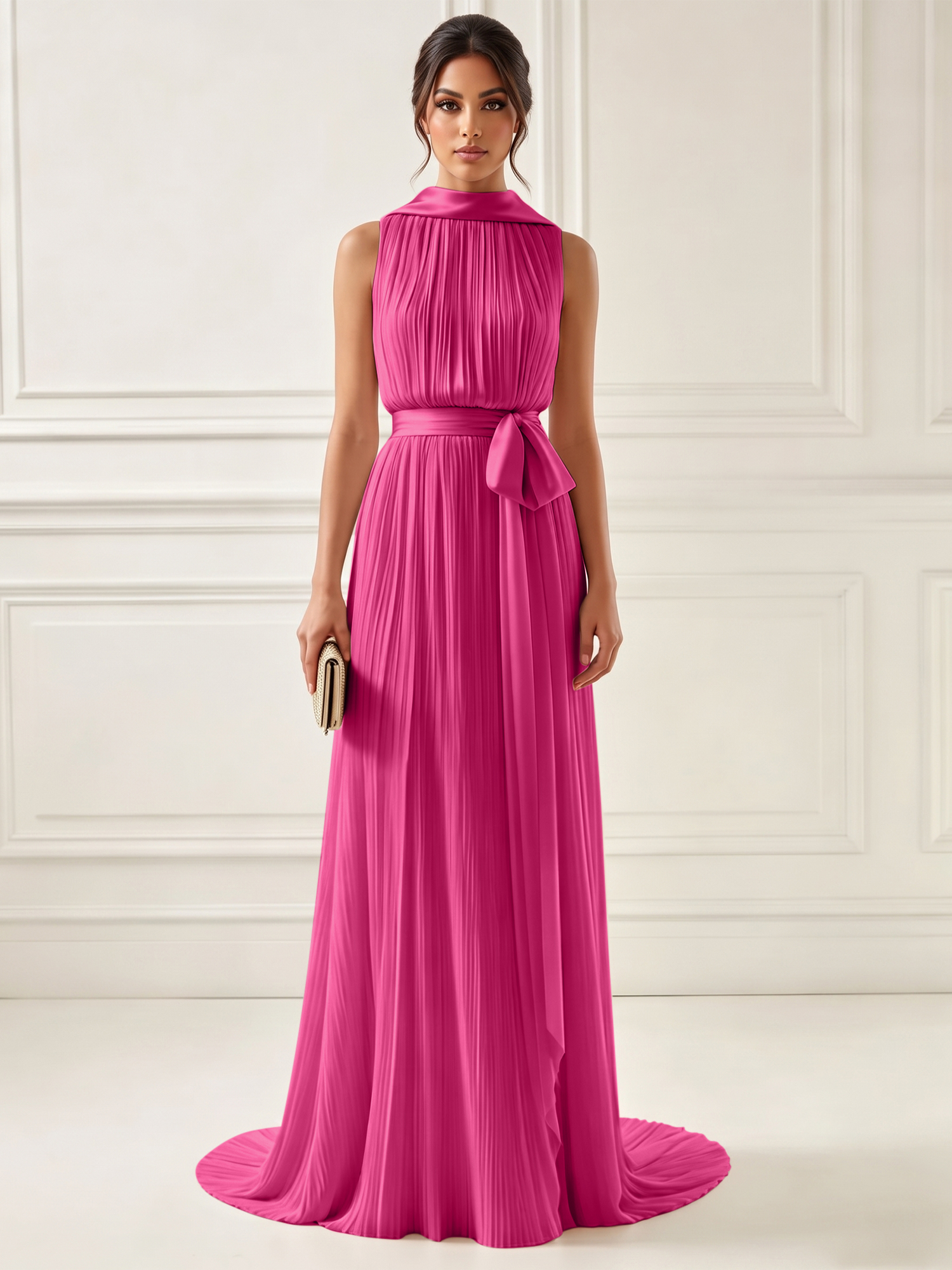 Ethereal Pleated Pastel Pink High Neck Maxi Formal Evening Dress with Satin Sash