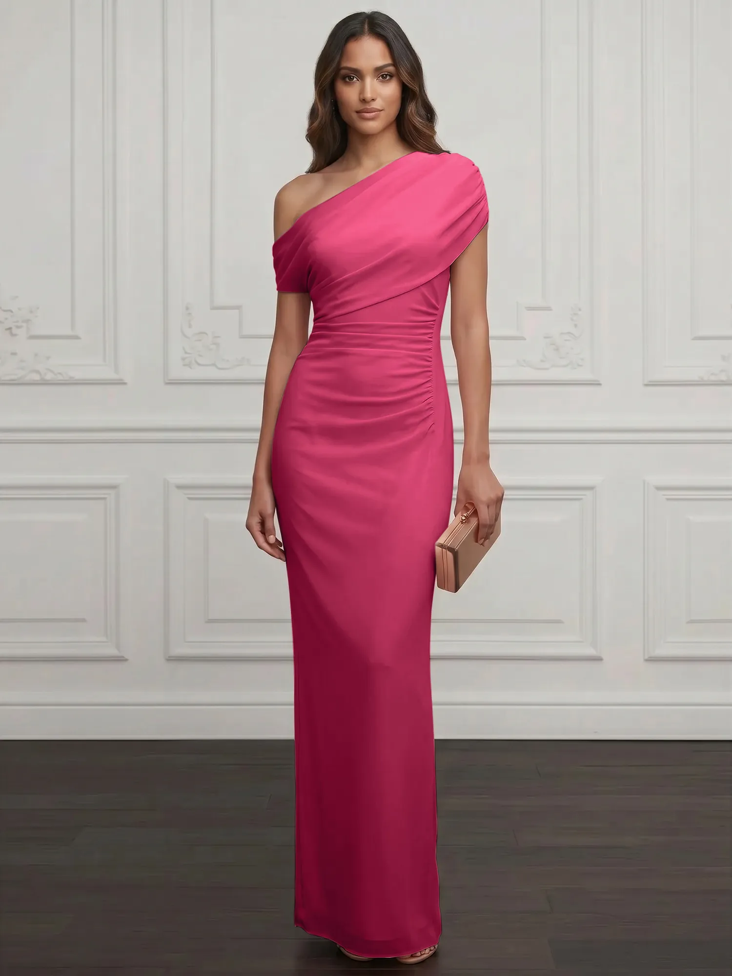 One-Shoulder Draped Chiffon Evening Gown