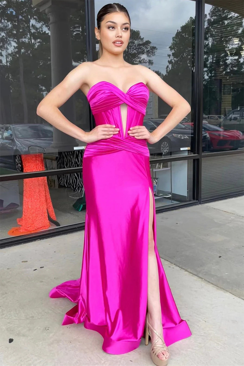 Black Mermaid Strapless Keyhole Satin Long Prom Dress with Slit