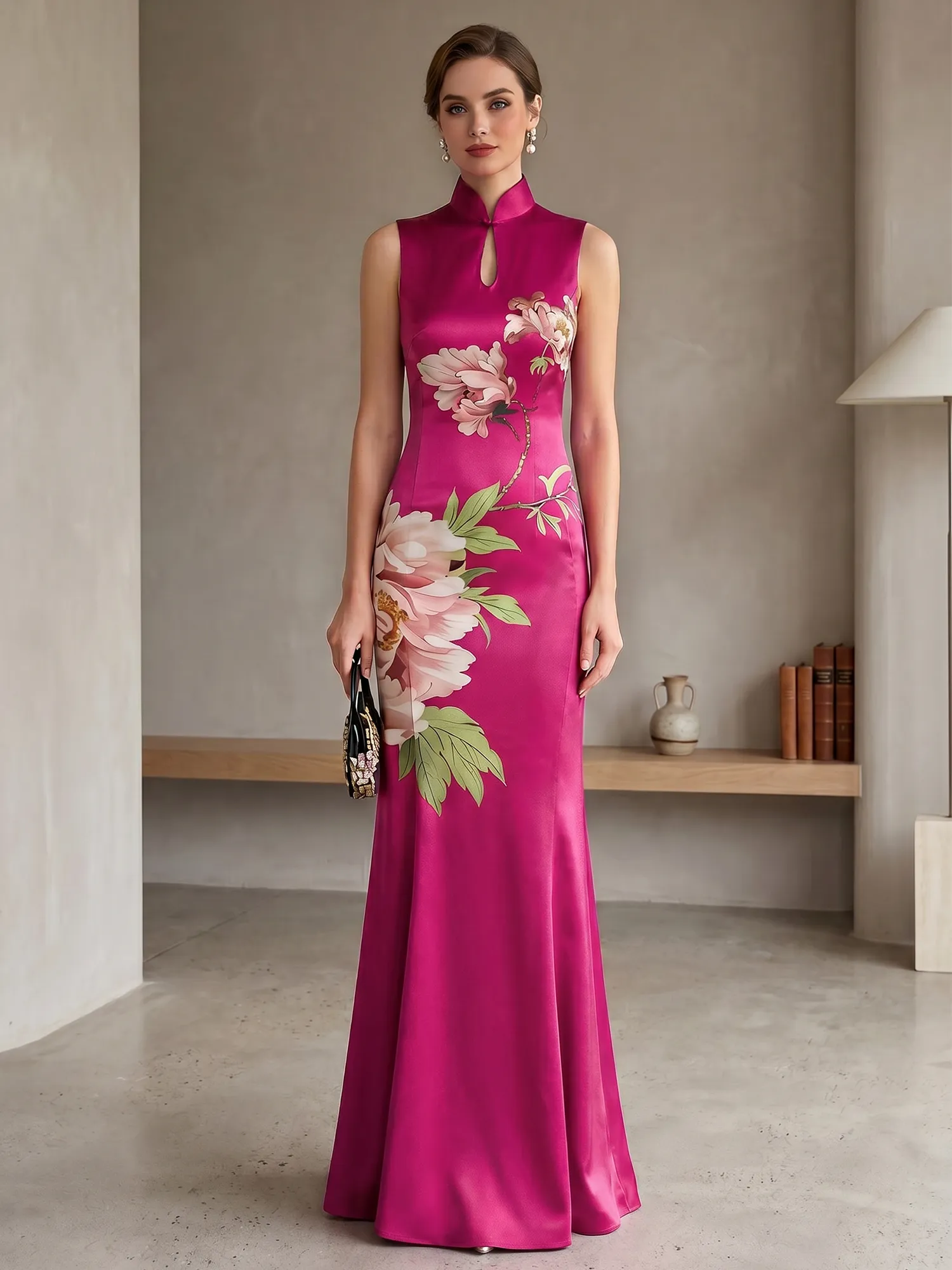 Satin Qipao-Inspired Floral Mermaid Evening Gown