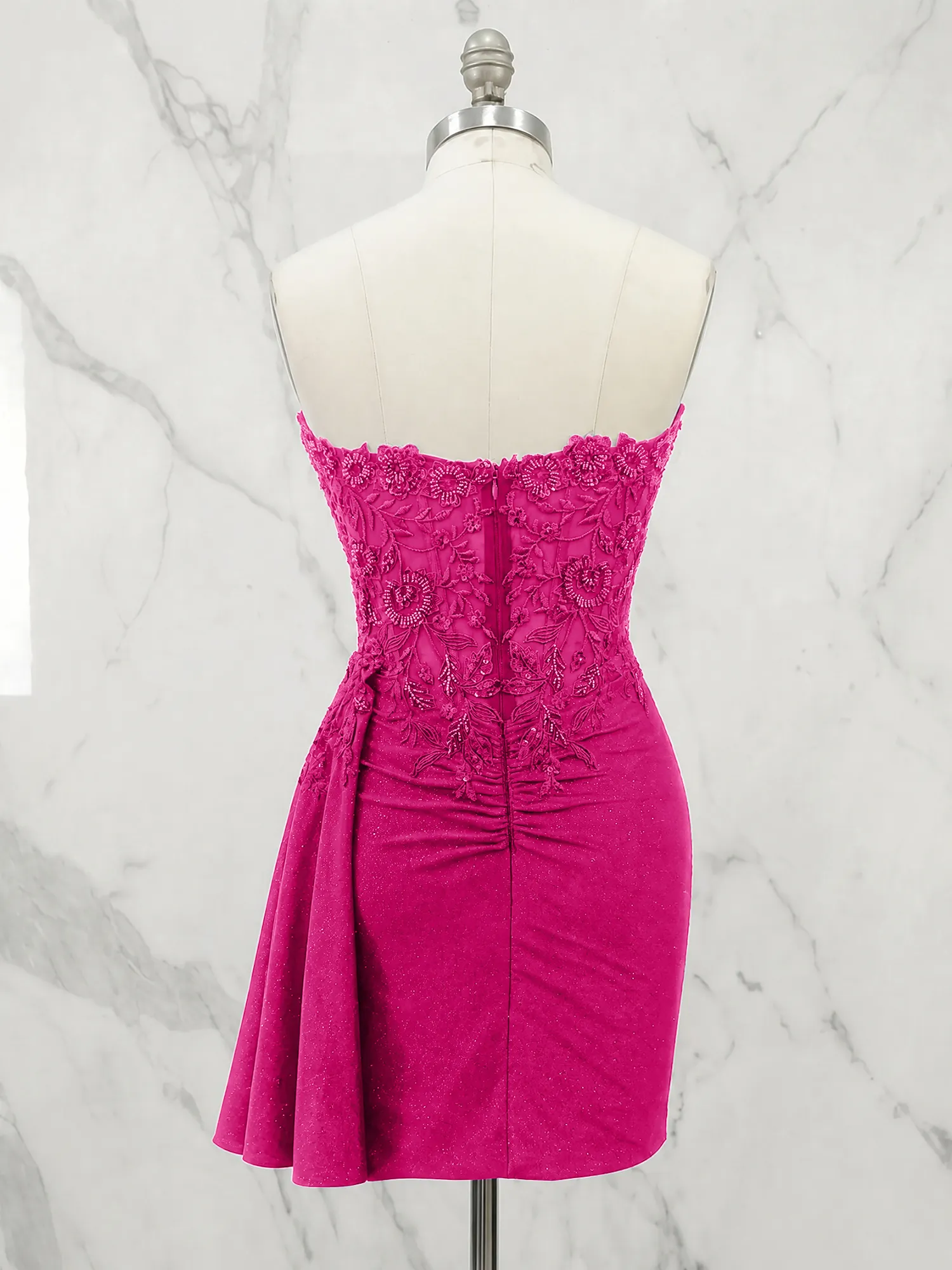 Strapless Lace Appliqué Glitter Homecoming Dress with Side Drape