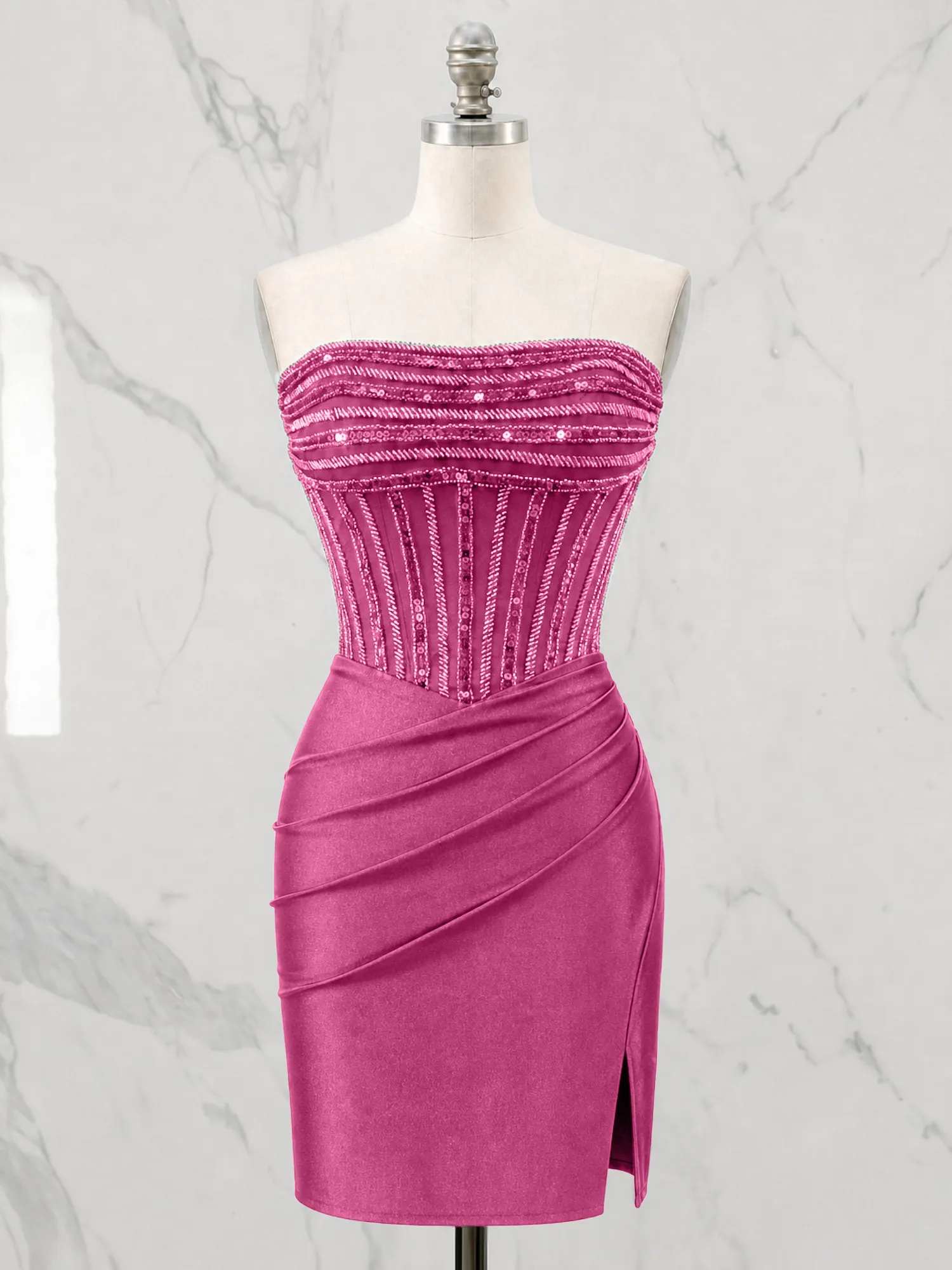 Strapless Beaded Corset Homecoming Dress with Ruched Skirt