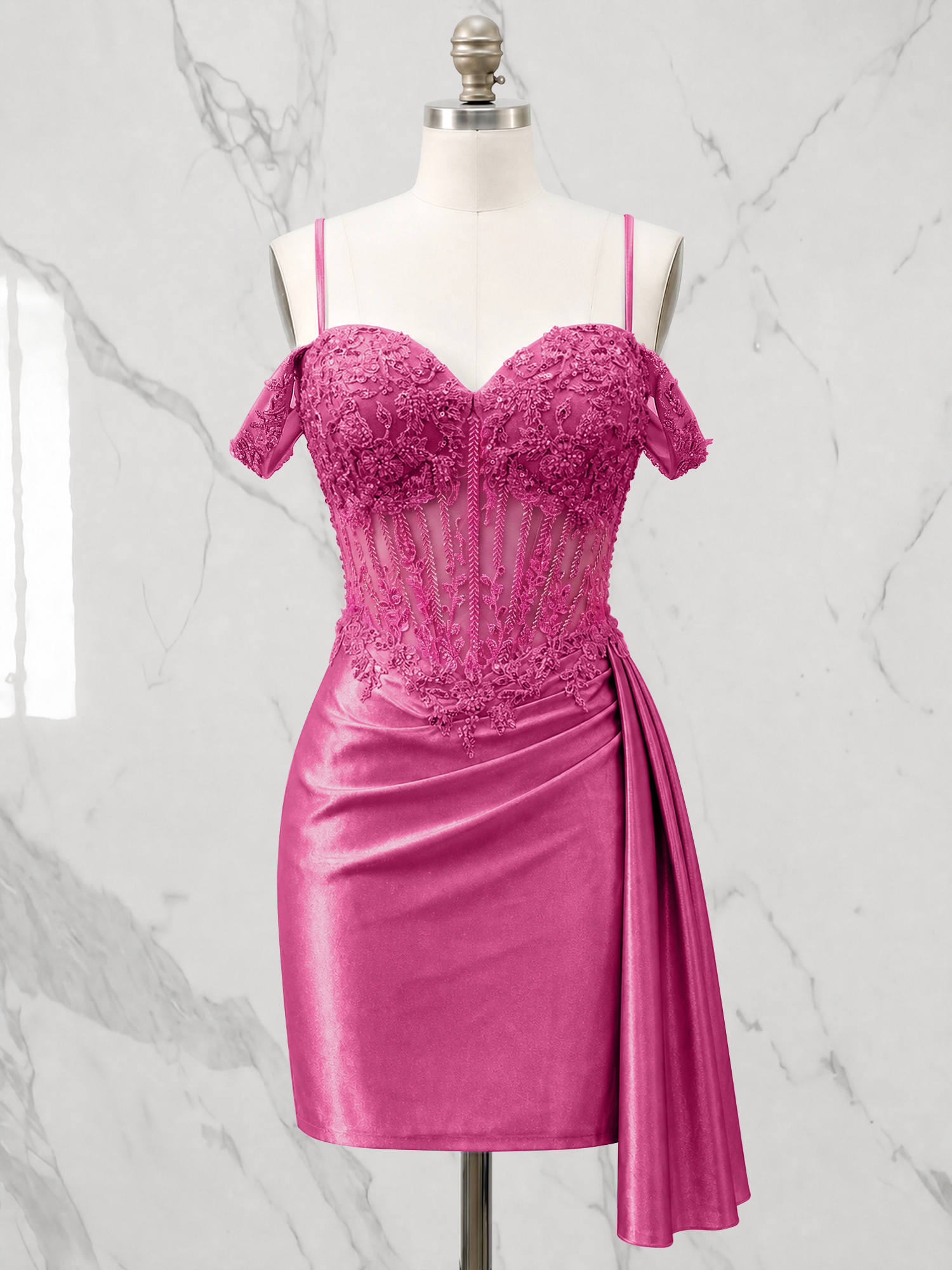 Off-the-Shoulder Lace Corset Homecoming Dress with Side Drape