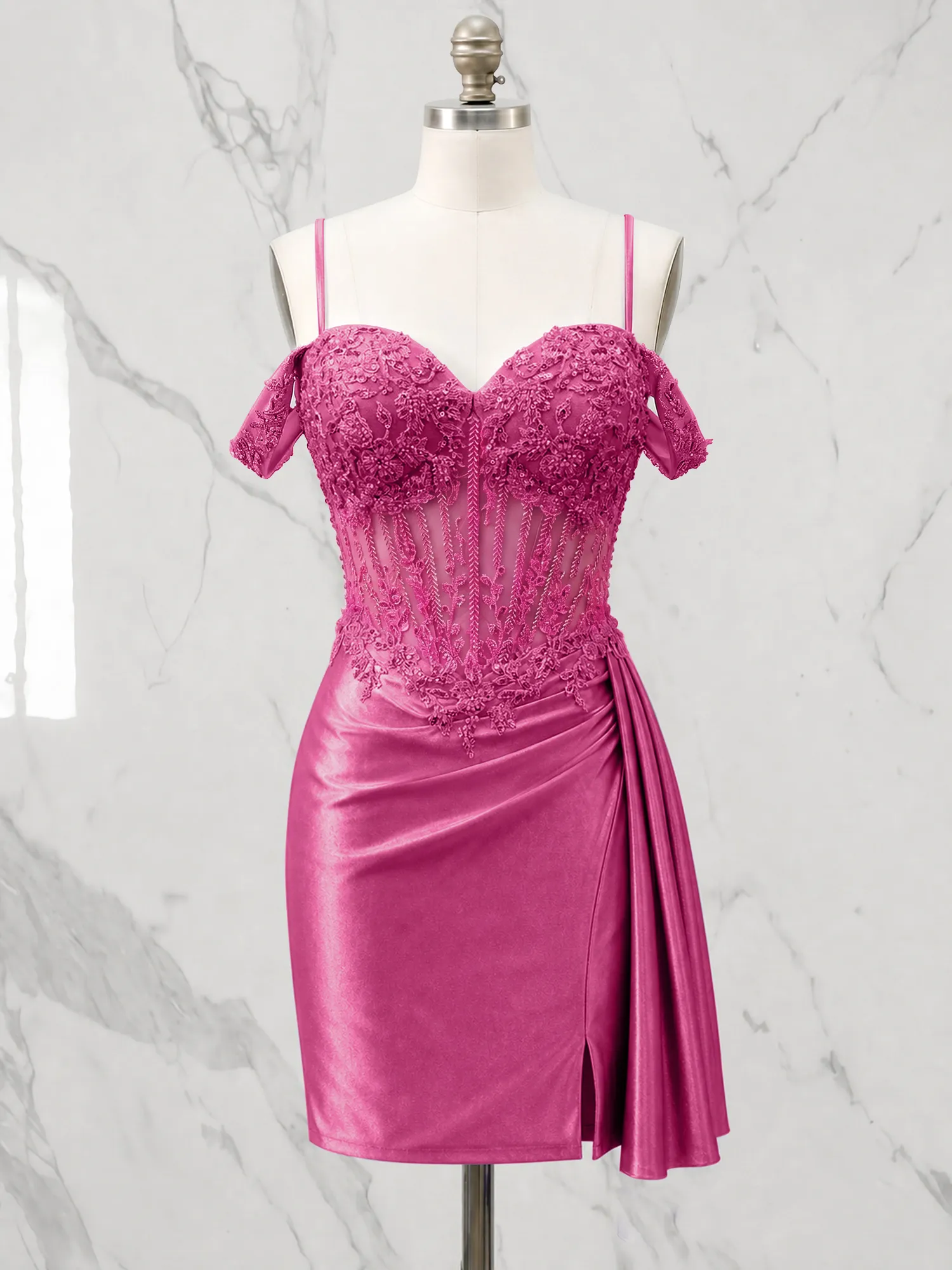 Off-the-Shoulder Lace Corset Homecoming Dress with Draped Skirt