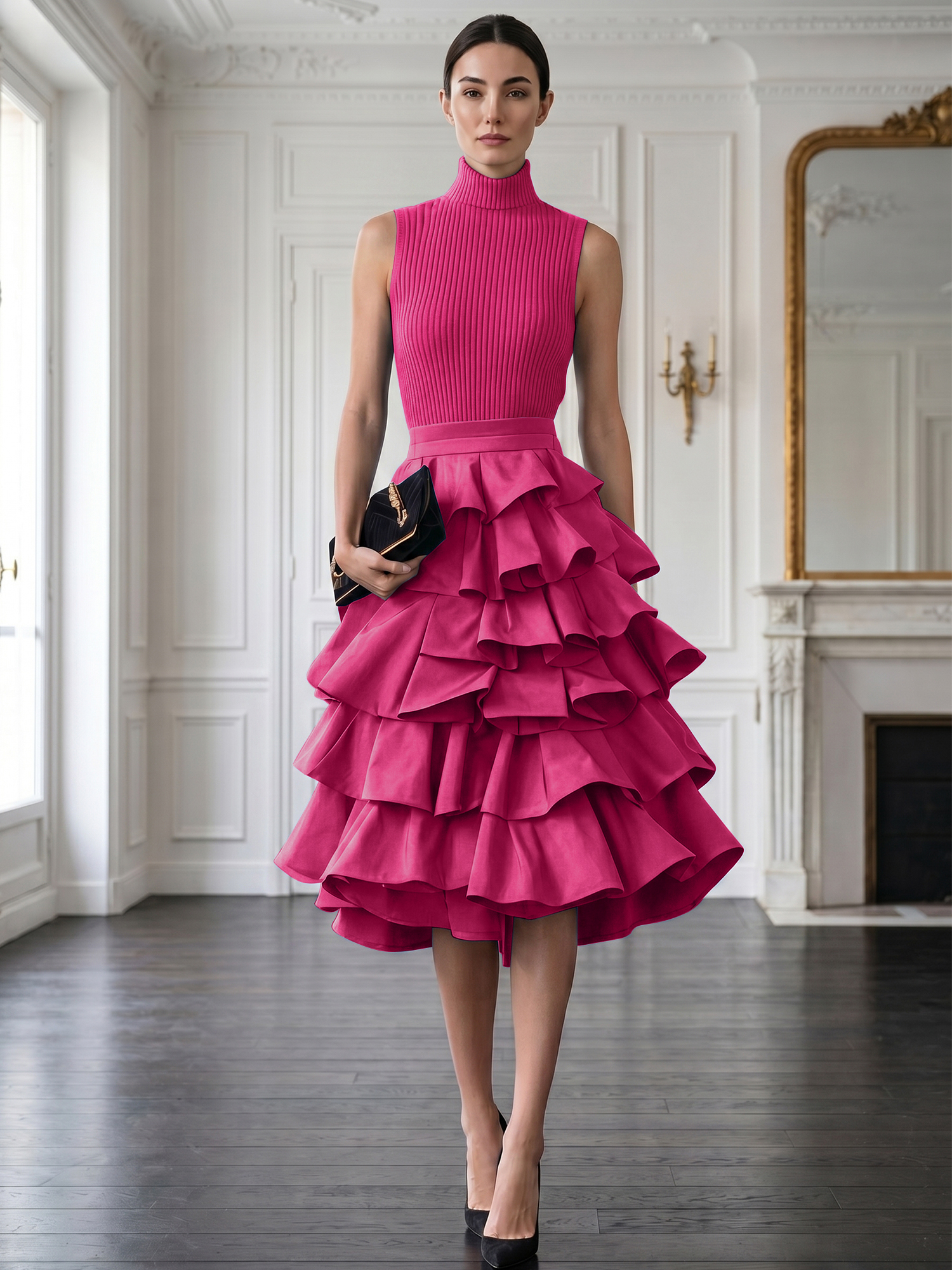 Avant-Garde Black High-Neck Tiered Ruffled Evening Gown