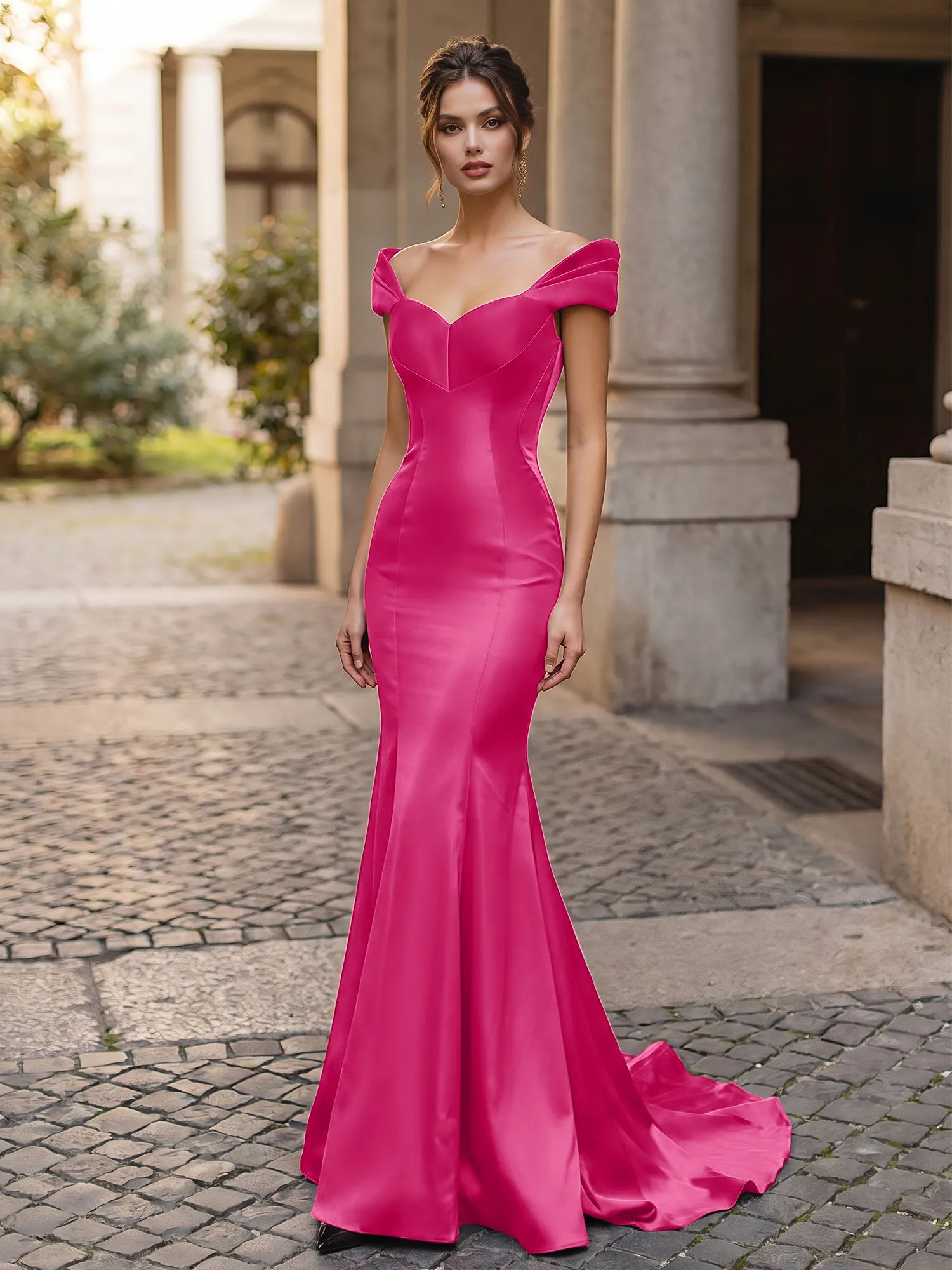 Off-the-Shoulder Sweetheart Lace-Up Back Satin Mermaid Prom Dress